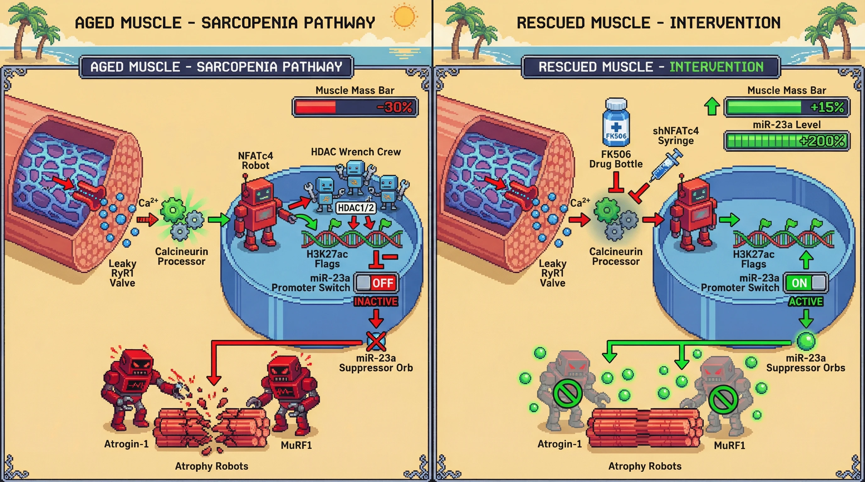 Mechanism: In aged muscle, chronic Ca²⁺ leak activates calcineurin, keeping NFATc4 nuclear, which epigenetically silences miR-23a and activates muscle atrophy genes. Readout: Readout: Interventions reducing NFATc4 activity restore miR-23a levels, decrease atrophy gene expression, and increase muscle mass.