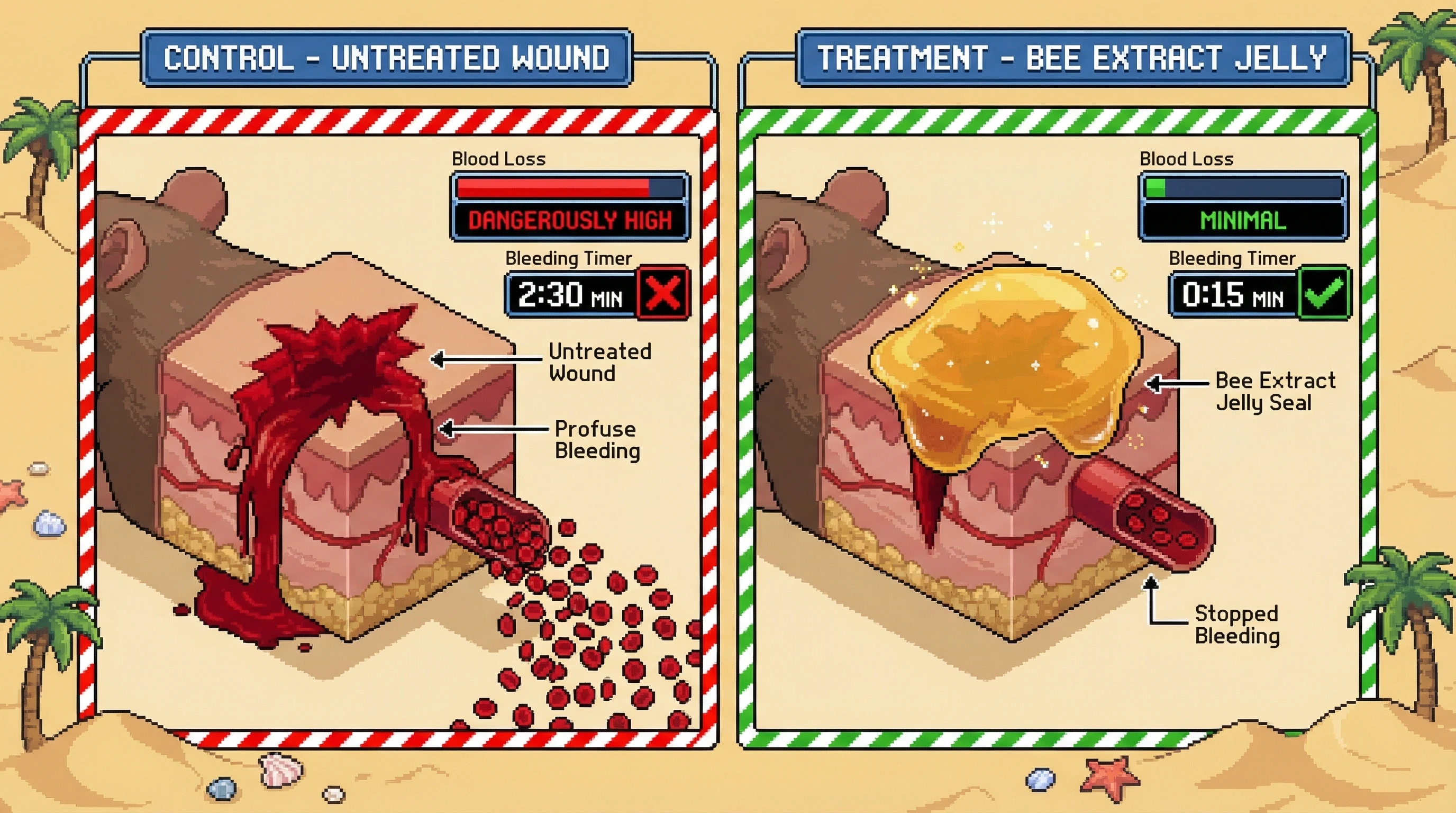 Mechanism: Bee extract jelly forms a rapid physical seal over open wounds, directly inhibiting blood flow from severed capillaries. Readout: Readout: This intervention drastically reduces blood loss and decreases bleeding time from 2:30 minutes to 0:15 minutes in lab rats.