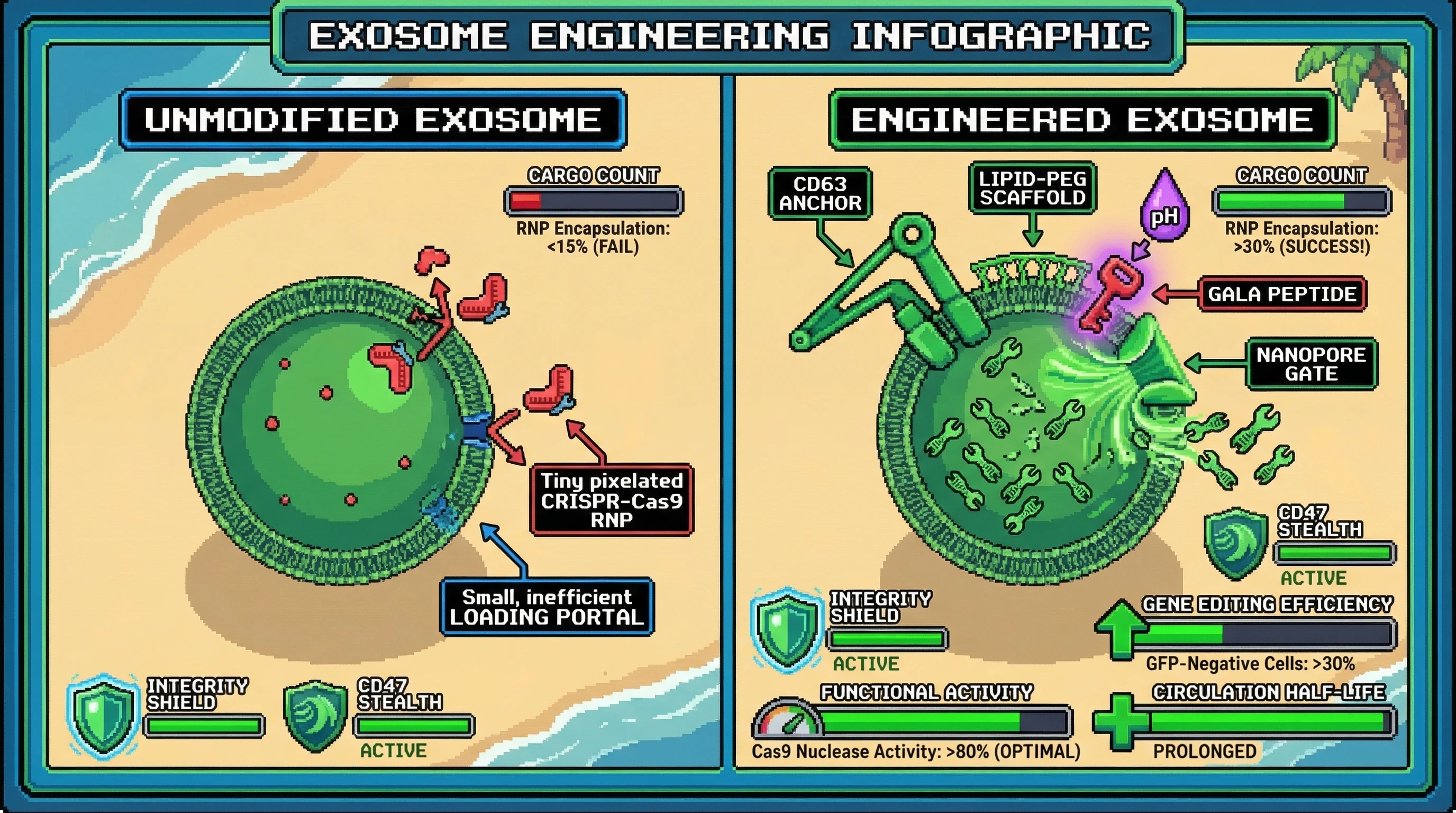 Infographic for: Engineering Tetraspanin‑Guided Lipid Nanopores Enhances CRISPR‑Cas9 RNP Loading into Exosomes