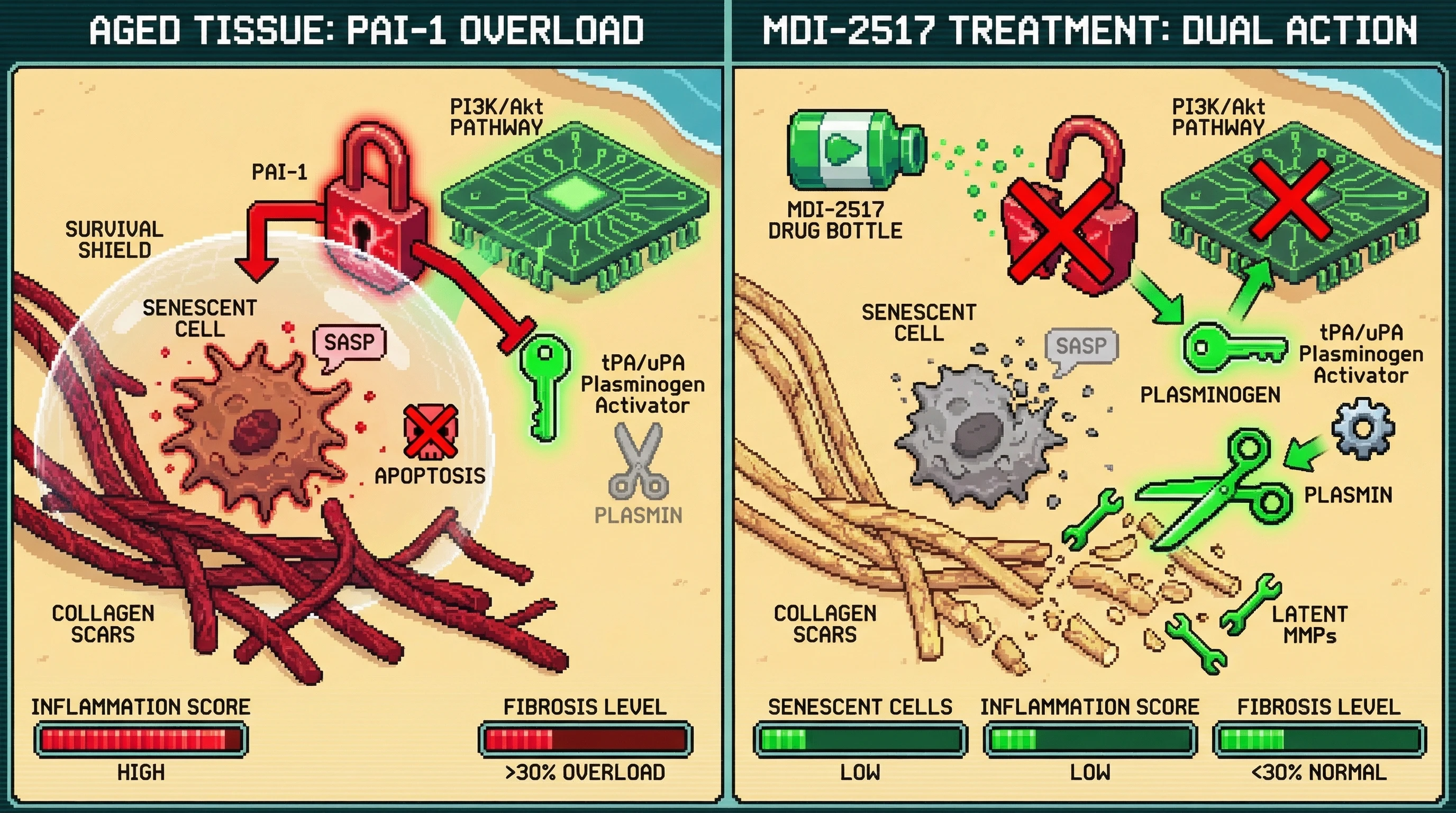 Mechanism: MDI-2517 inhibits PAI-1, simultaneously stripping senescent cells of their survival mechanism and restoring plasmin activity to degrade fibrotic scars. Readout: Readout: This leads to reduced senescent cell burden, decreased inflammation, and significant multi-organ fibrosis reversal across liver, lung, and kidney.