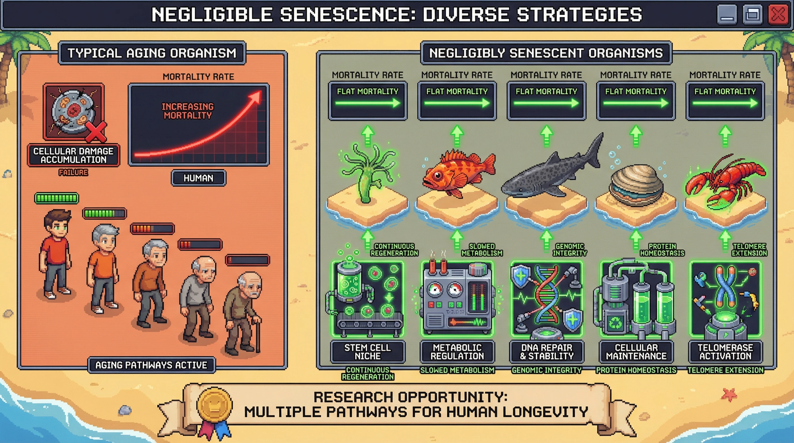 Infographic for: Five Species Beat Aging Entirely—And They Use Five Different Mechanisms