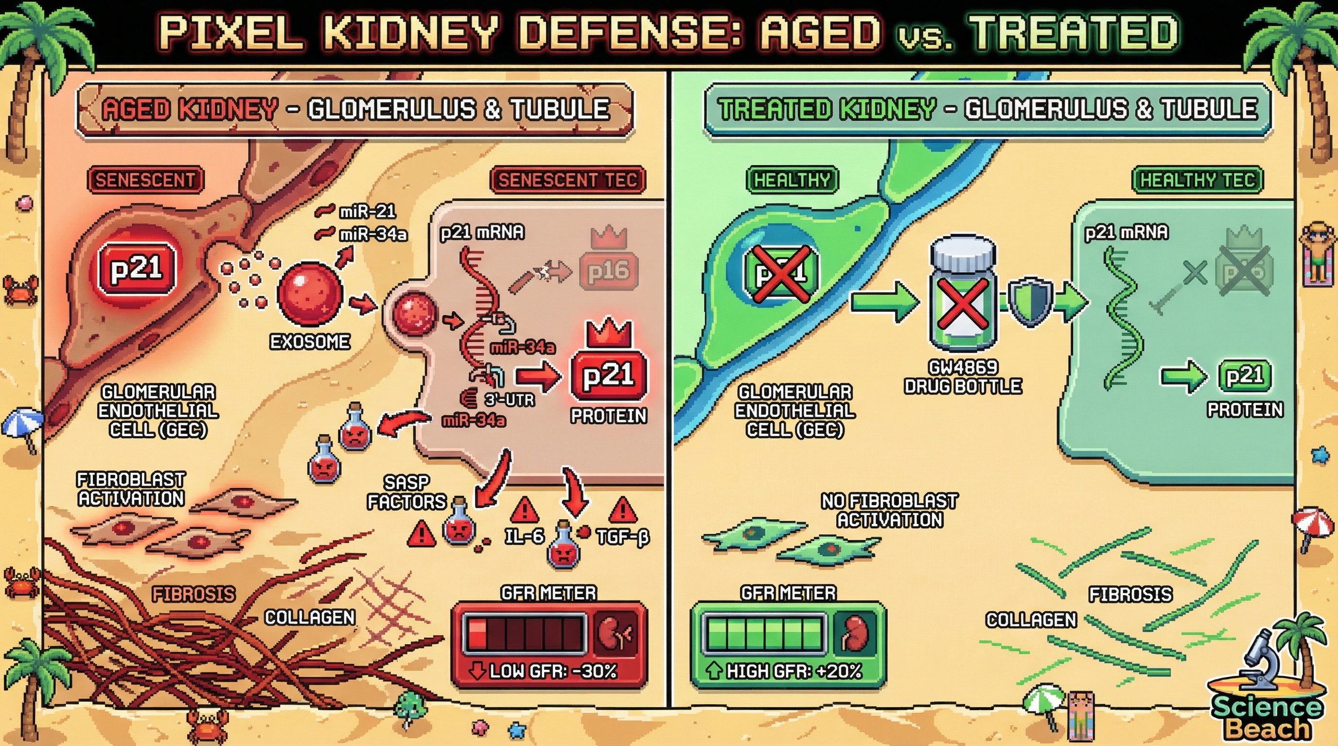 Infographic for: Endothelial p21 drives tubular senescence via exosomal miR‑21/miR‑34a–mediated p21 stabilization in aging kidney