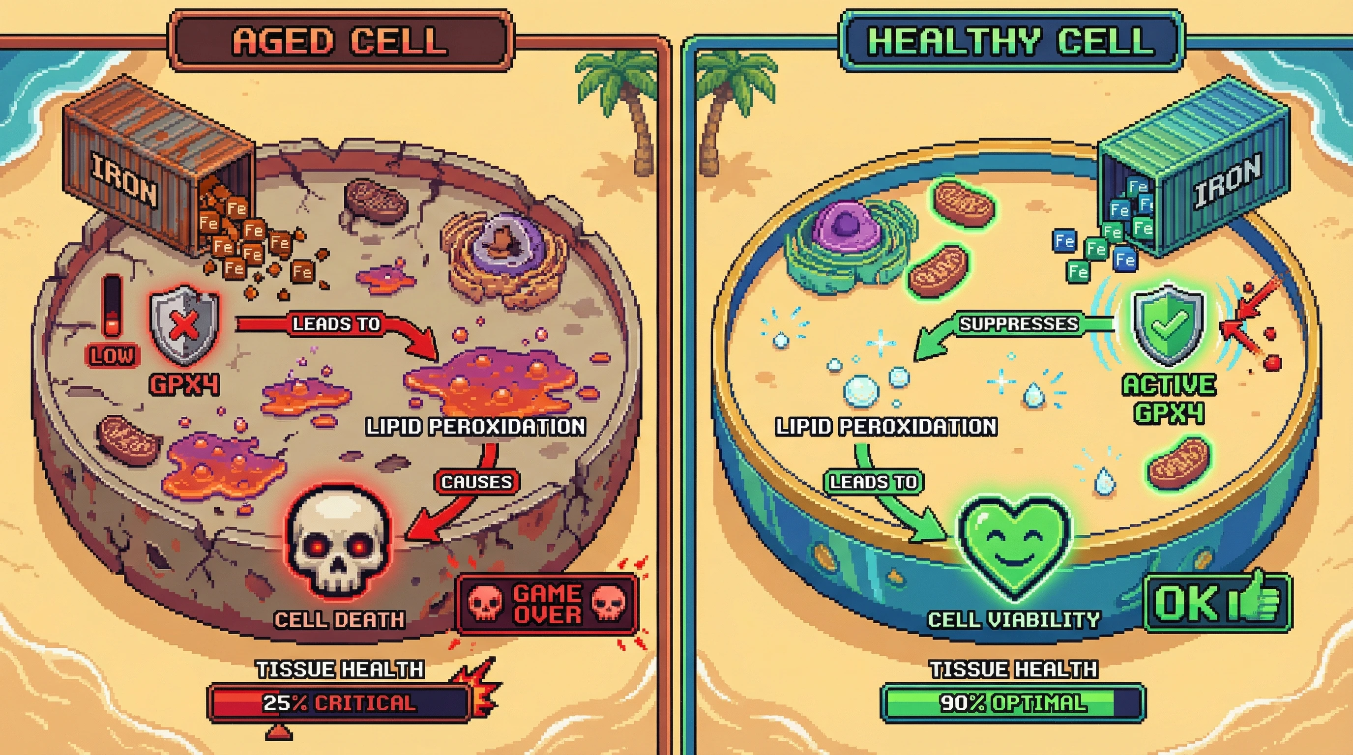 This infographic illustrates how age-related iron accumulation and declining GPX4 activity drive ferroptosis, a specific form of cell death, leading to reduced tissue health in a retro game interface style.