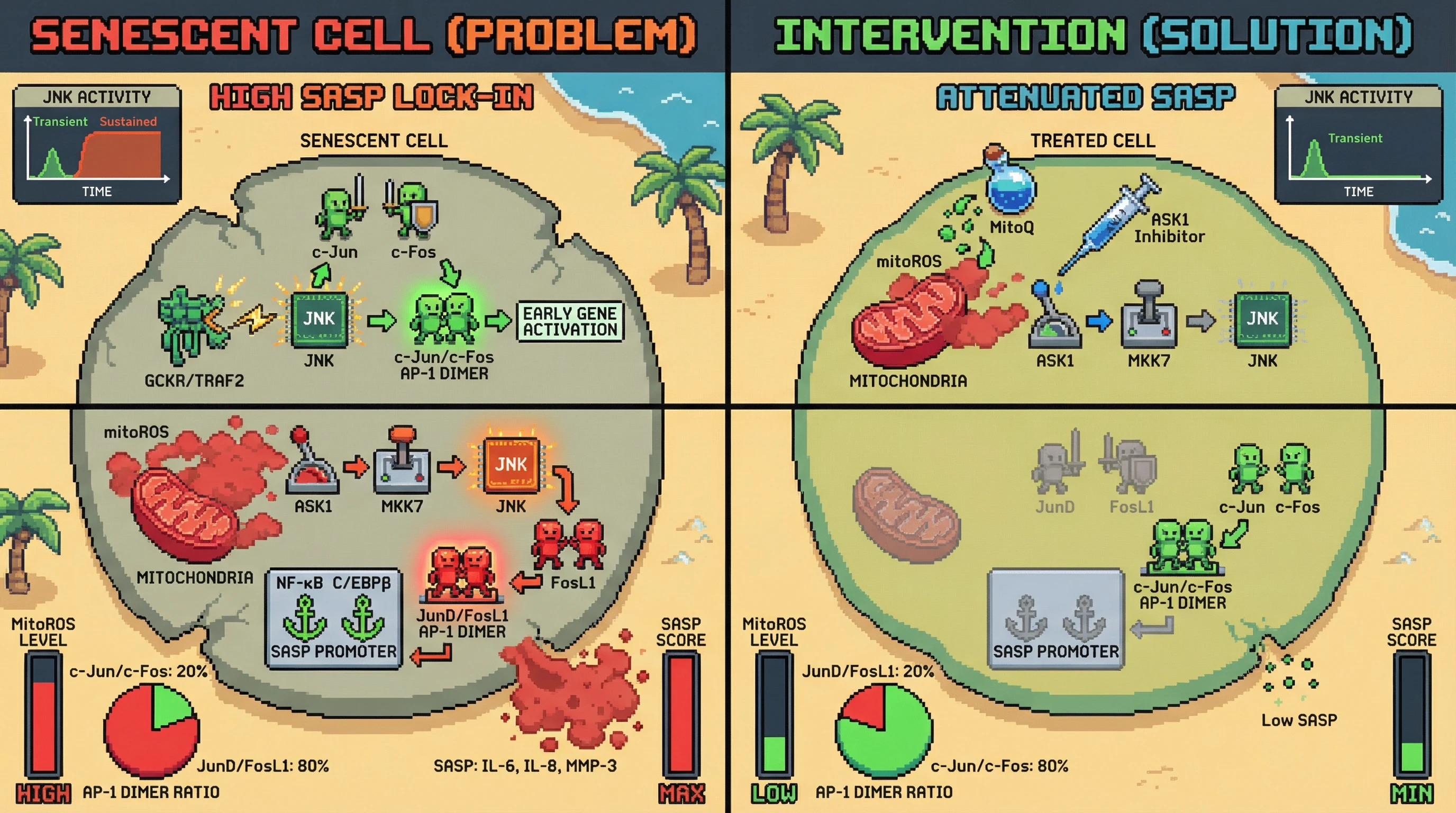 Infographic for: ASK1-MKK7-JNK Kinetics Dictate AP-1 Dimer Switch to JunD/FosL1, Locking Senescent SASP via Mitochondrial ROS‑Dependent Feed‑Forward Loop