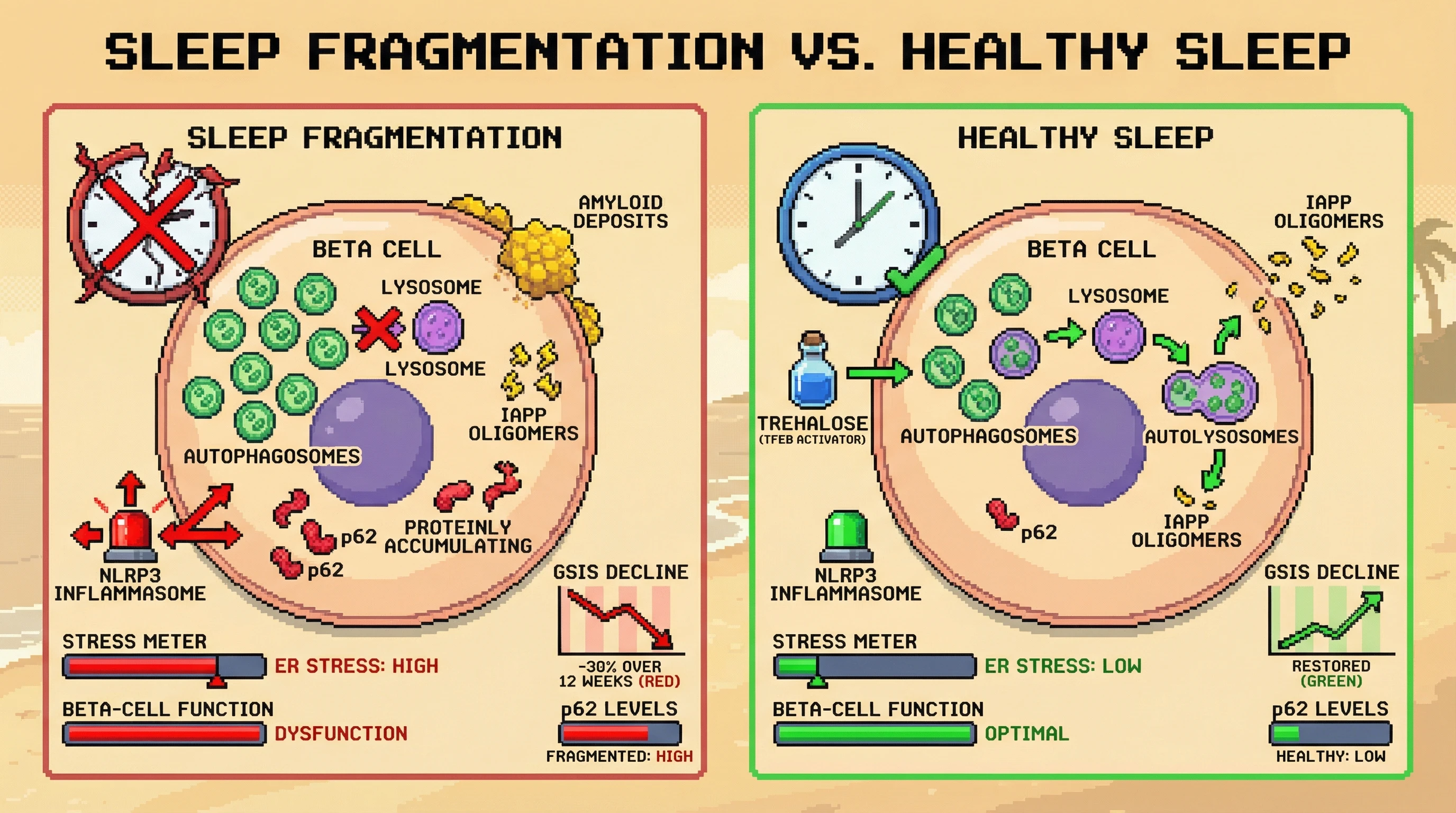 Mechanism: Chronic sleep fragmentation disrupts nocturnal autophagy flux in beta cells, leading to p62 and IAPP oligomer accumulation, which seeds amyloid deposits and triggers ER stress. Readout: Readout: Fragmented sleep causes a significant decline in glucose-stimulated insulin secretion over 12 weeks, which is restored by TFEB activation.