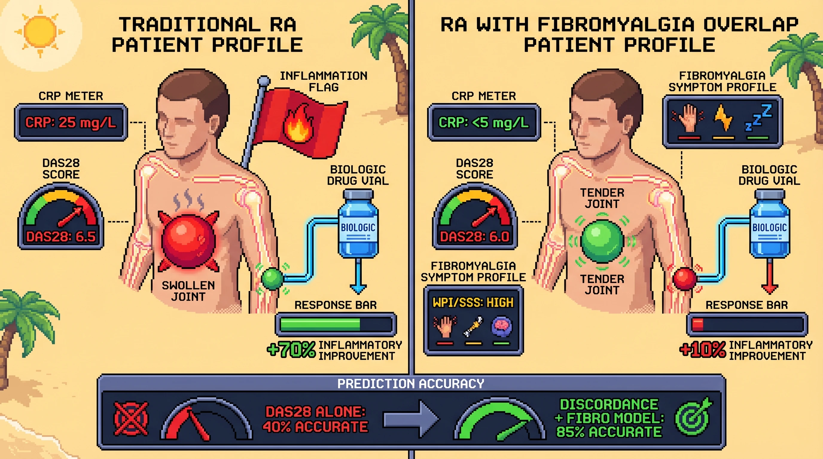 Mechanism: Rheumatoid arthritis patients with high tender-to-swollen joint ratios, low CRP, and fibromyalgia symptoms often have non-inflammatory pain driving their DAS28 scores. Readout: Readout: This 'discordant' phenotype predicts poor objective inflammatory response to biologic escalation better than DAS28 alone, improving prediction accuracy from 40% to 85%.
