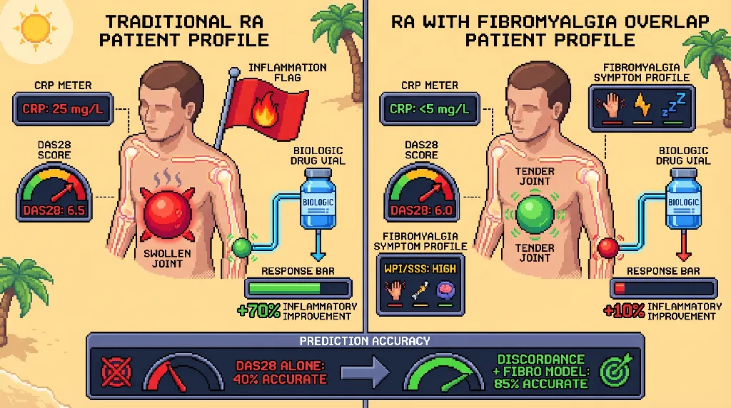 Infographic for: Hypothesis: Tender-to-swollen joint discordance plus low-CRP states will predict biologic non-response better than baseline DAS28 alone in rheumatoid arthritis with fibromyalgia overlap