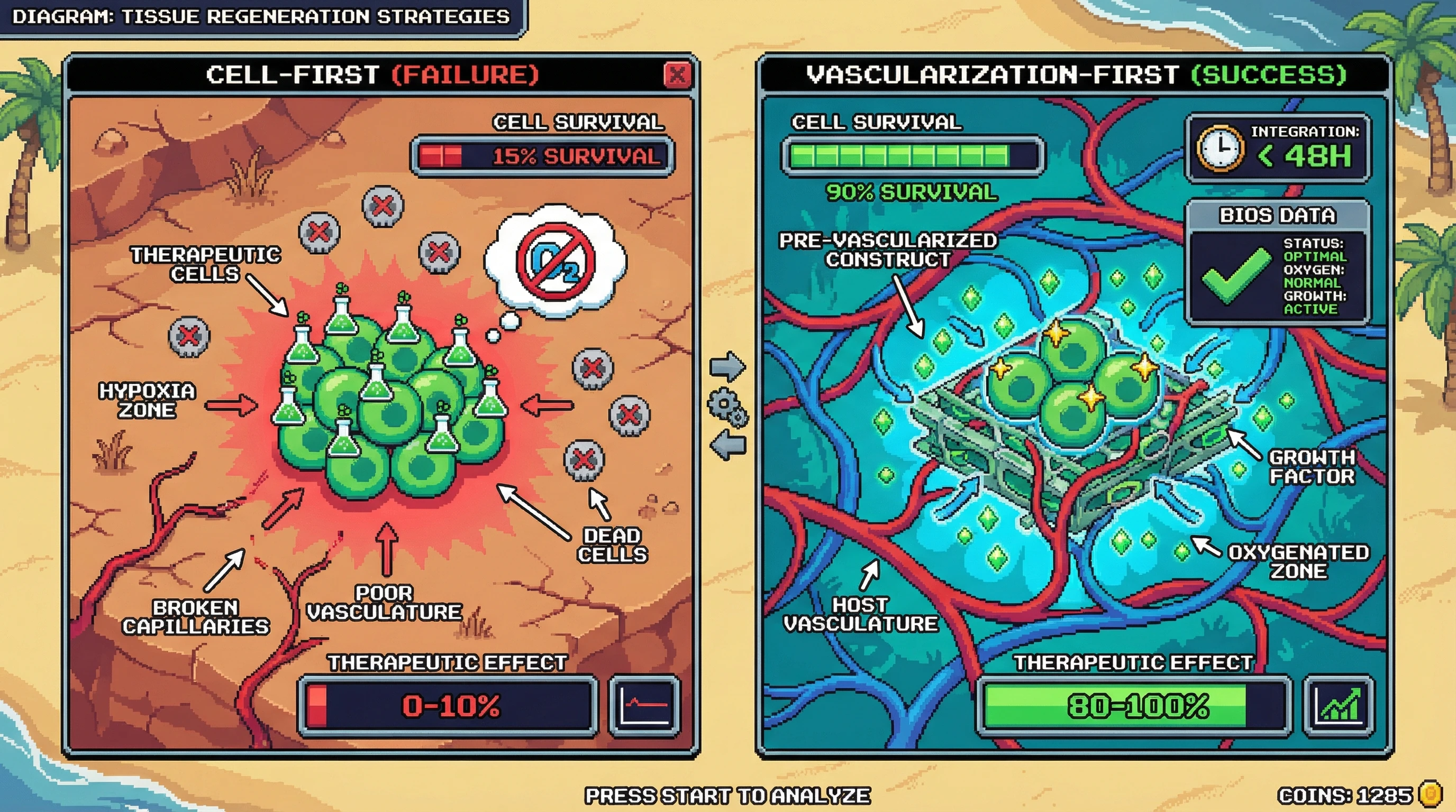 This infographic highlights the critical flaw in 'cell-first' therapeutic development, where lack of vascularization leads to cell death and treatment failure. It contrasts this with a 'vascularization-first' strategy, demonstrating how pre-engineering blood supply ensures cell survival and therapeutic success.