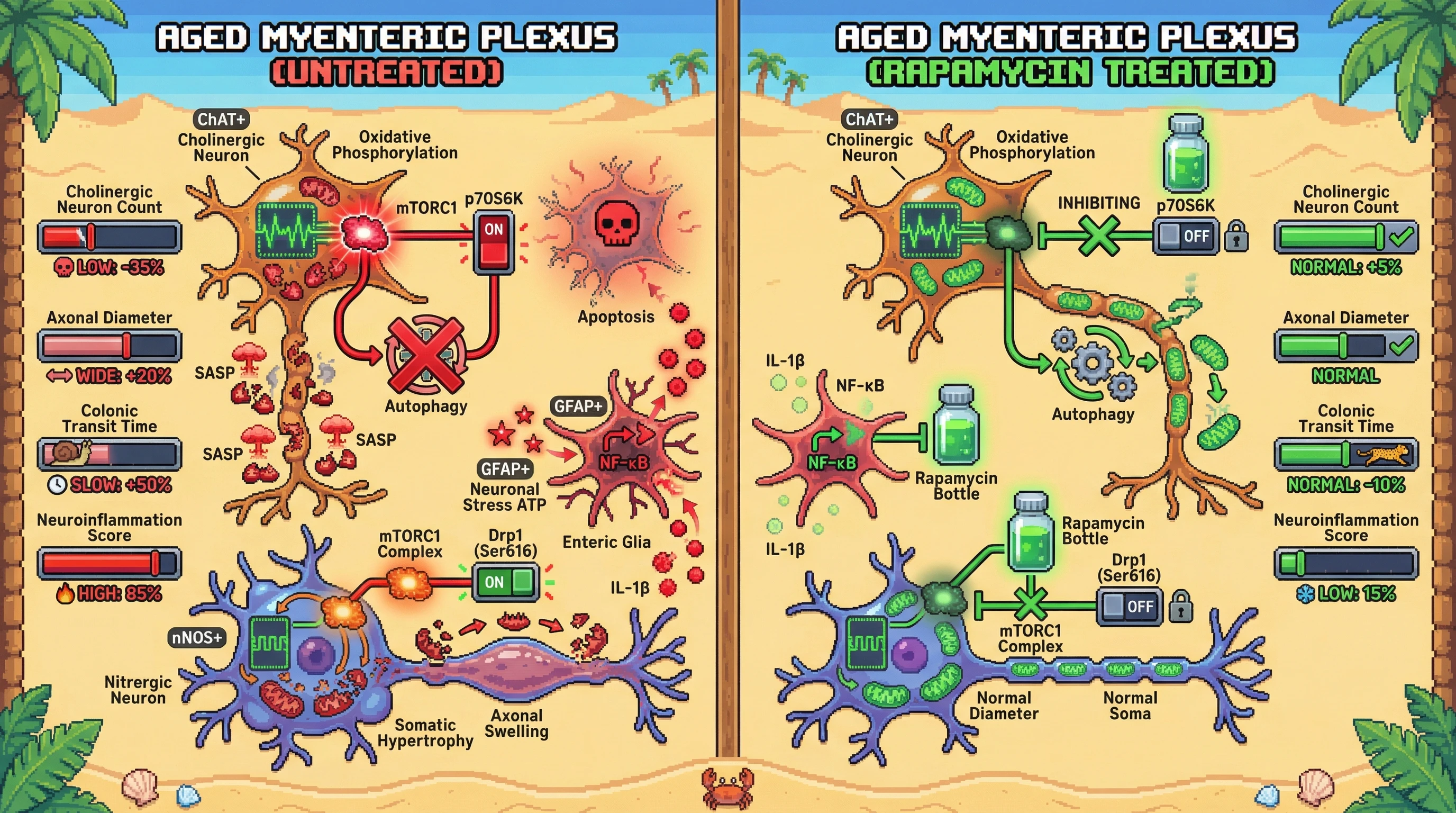 Infographic for: mTORC1 Dial Tunes Subtype‑Specific Fate in the Aging Myenteric Plexus