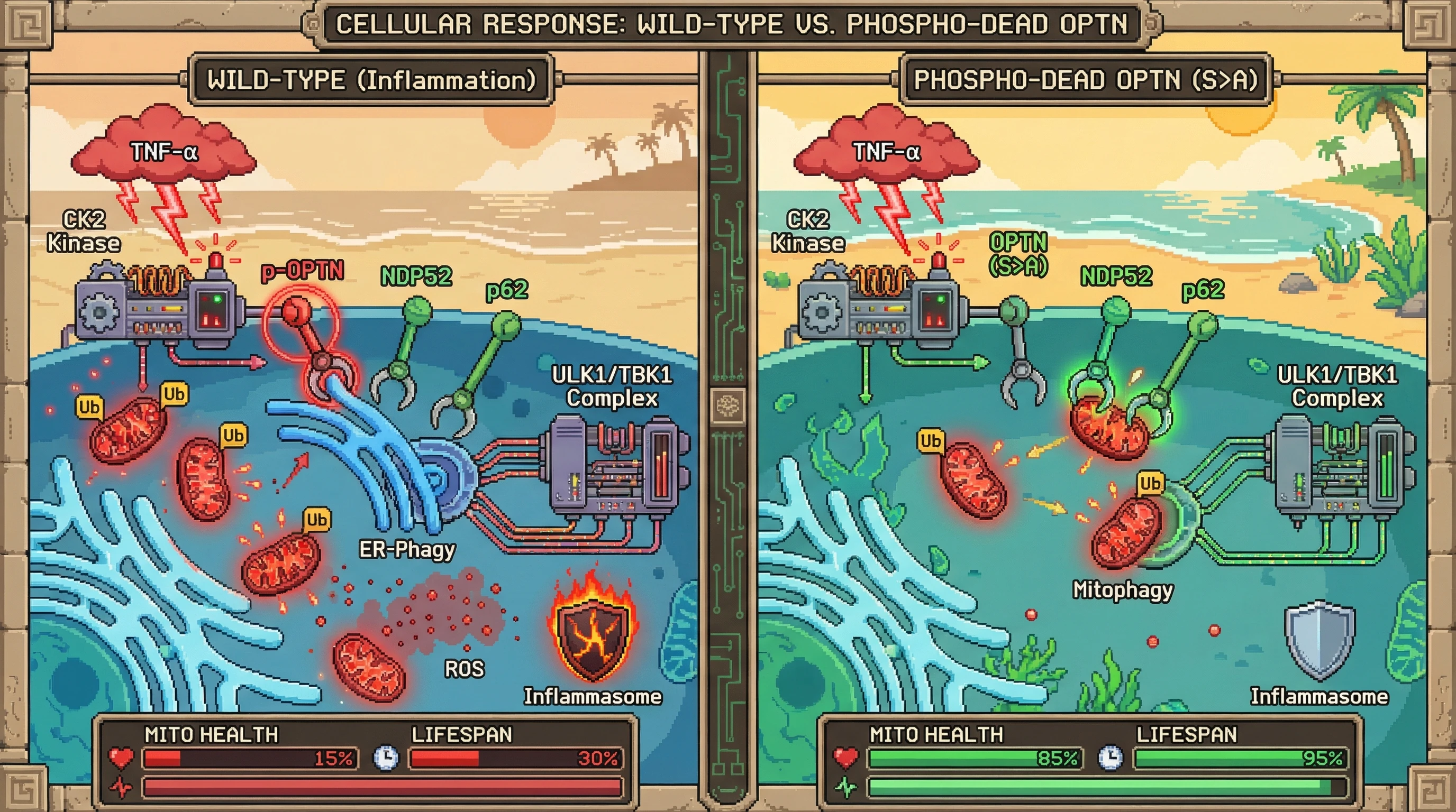 Infographic for: Premature ER-phagy activation via OPTN phosphorylation disrupts autophagy substrate hierarchy and accelerates mitochondrial aging