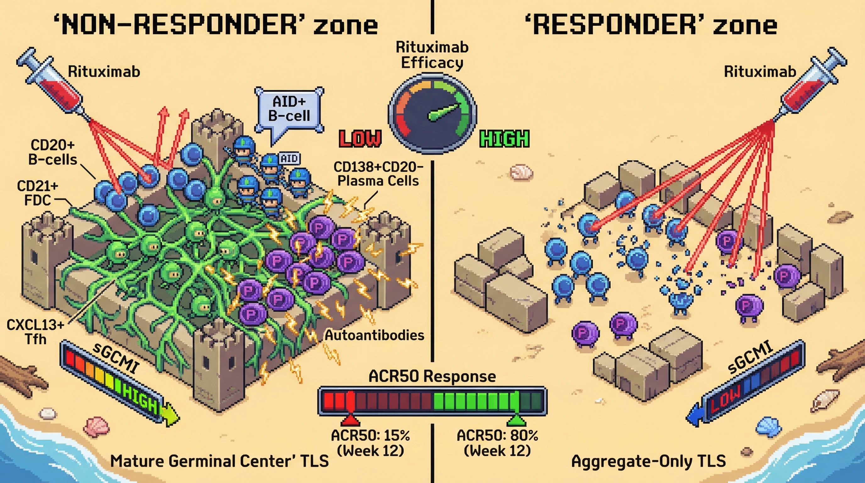 Mechanism: Rituximab depletes CD20+ B-cells, but 'Mature Germinal Center' Tertiary Lymphoid Structures (TLS) shield plasma cells, making them resistant. Readout: Readout: Patients with a 'High sGCMI' (Mature GC TLS) show significantly lower ACR50 response rates to rituximab compared to those with 'Low sGCMI' (Aggregate-Only TLS) at 12 weeks.