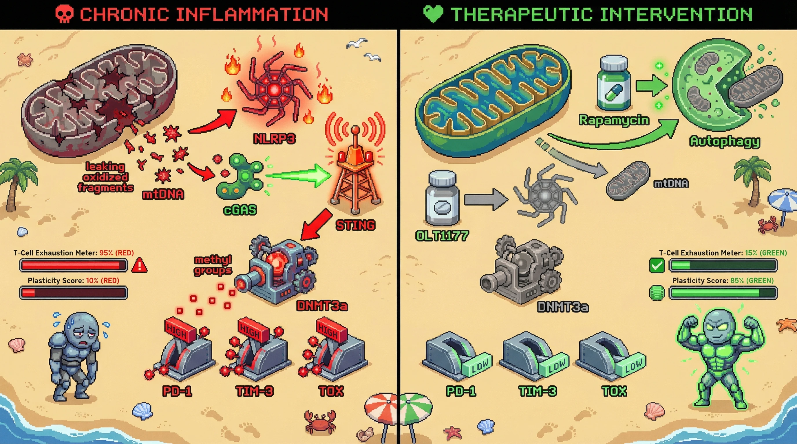 Mechanism: Chronic NLRP3 inflammasome activation triggers mitochondrial DNA release, leading to cGAS-STING-DNMT3a signaling that epigenetically locks T-cell exhaustion. Readout: Readout: Interventions like OLT1177 or Rapamycin reduce mtDNA efflux and DNMT3a activity, lowering T-cell exhaustion from 95% to 15% and increasing plasticity from 10% to 85%.