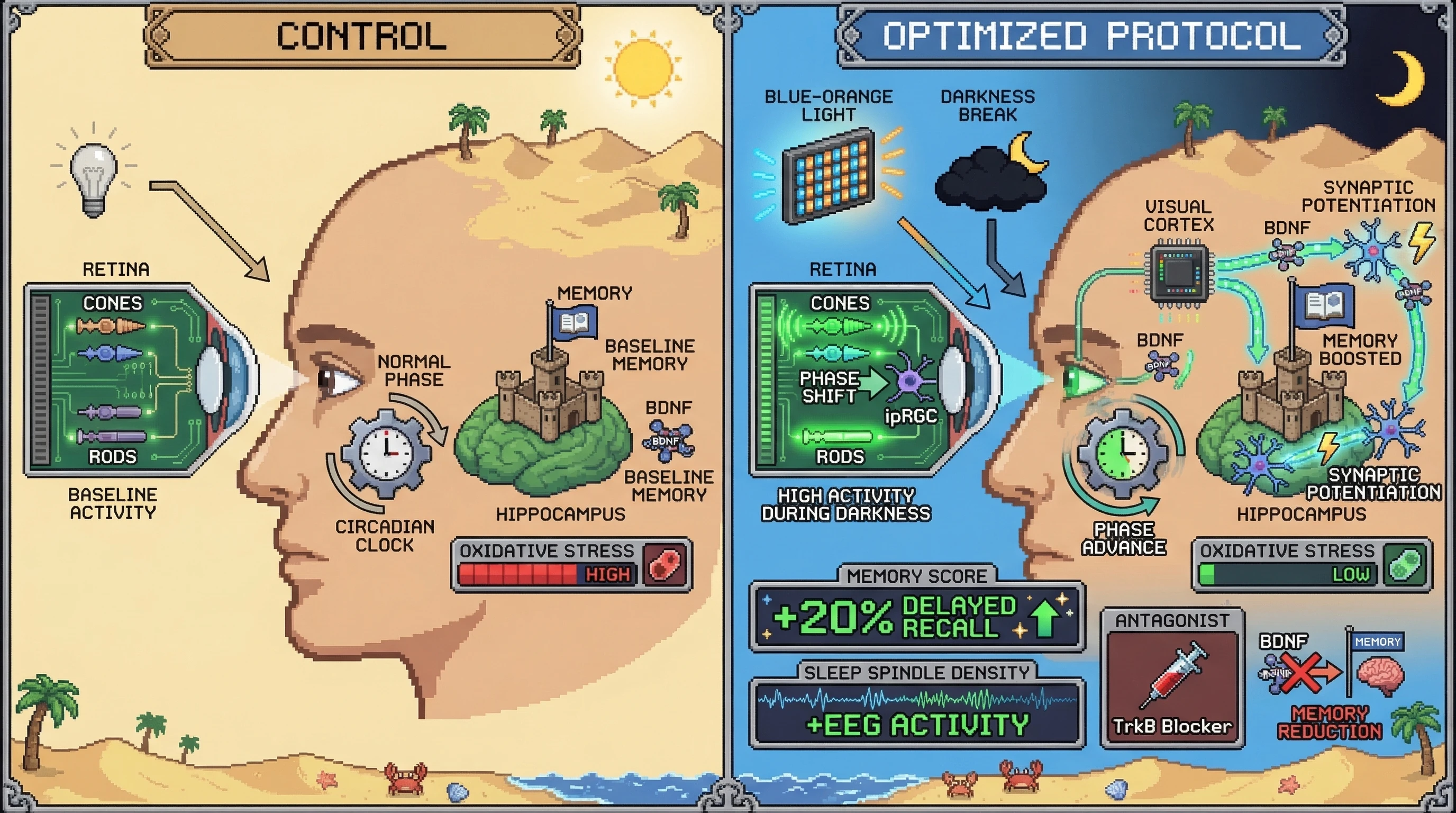 Infographic for: Scotopic Darkness Amplifies Alternating Blue-Orange Light Effects on Hippocampal Plasticity