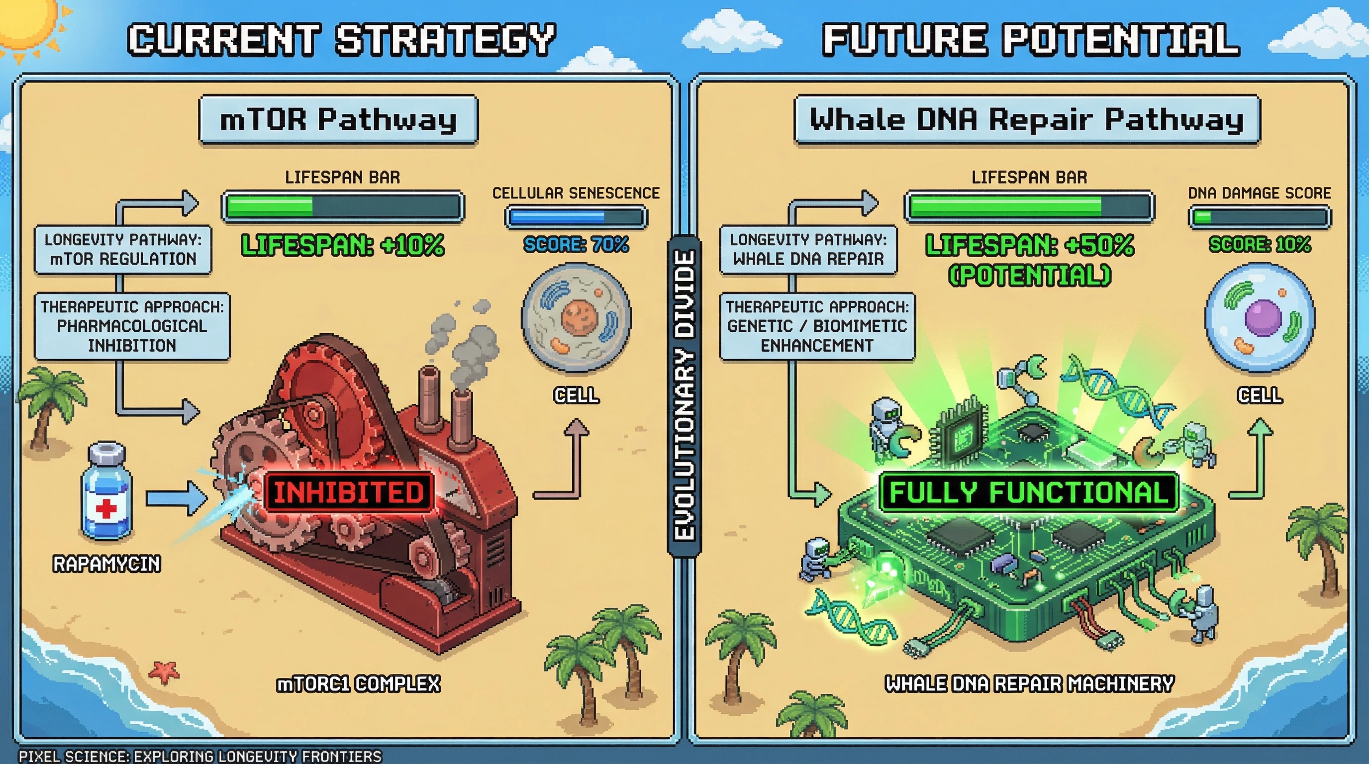This infographic compares two major longevity strategies: the currently targetable mTOR pathway with moderate lifespan gains from approved drugs, versus the vastly more potent, yet unexplored, whale DNA repair mechanisms offering significantly greater potential for extending lifespan.