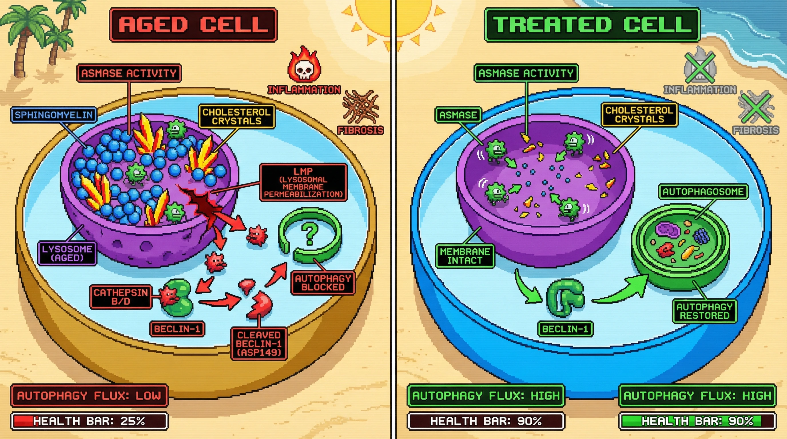 Mechanism: Age-related decline in lysosomal ASMase promotes cholesterol crystal formation, causing lysosomal membrane permeabilization and cathepsin-mediated Beclin-1 cleavage, which blocks autophagy. Readout: Readout: Restoring ASMase or inhibiting cathepsins reduces cholesterol crystals and Beclin-1 cleavage, restoring autophagy and cellular health.