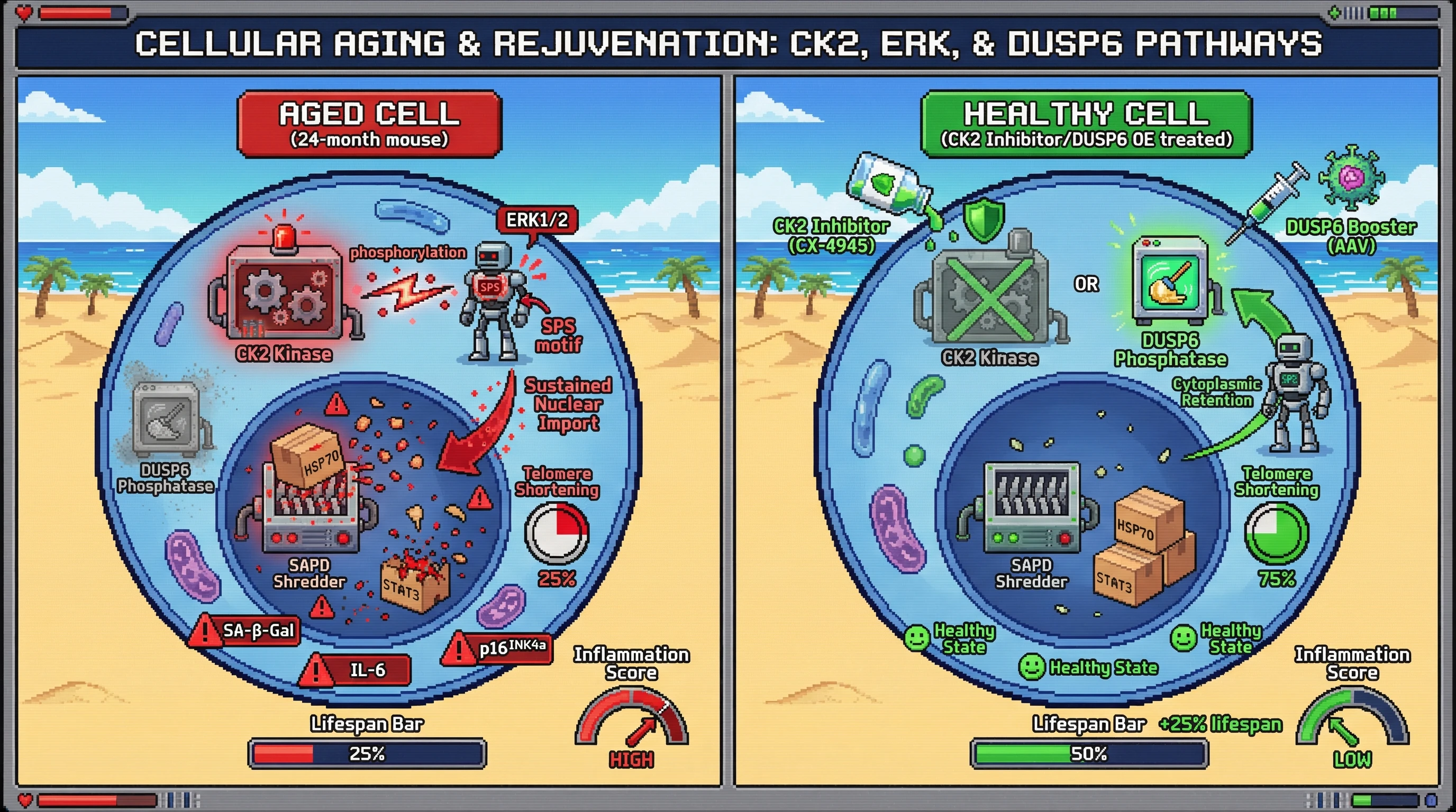 Infographic for: CK2-DUSP6 Axis Controls ERK Nuclear Import to Drive Age-Associated Senescence via SAPD