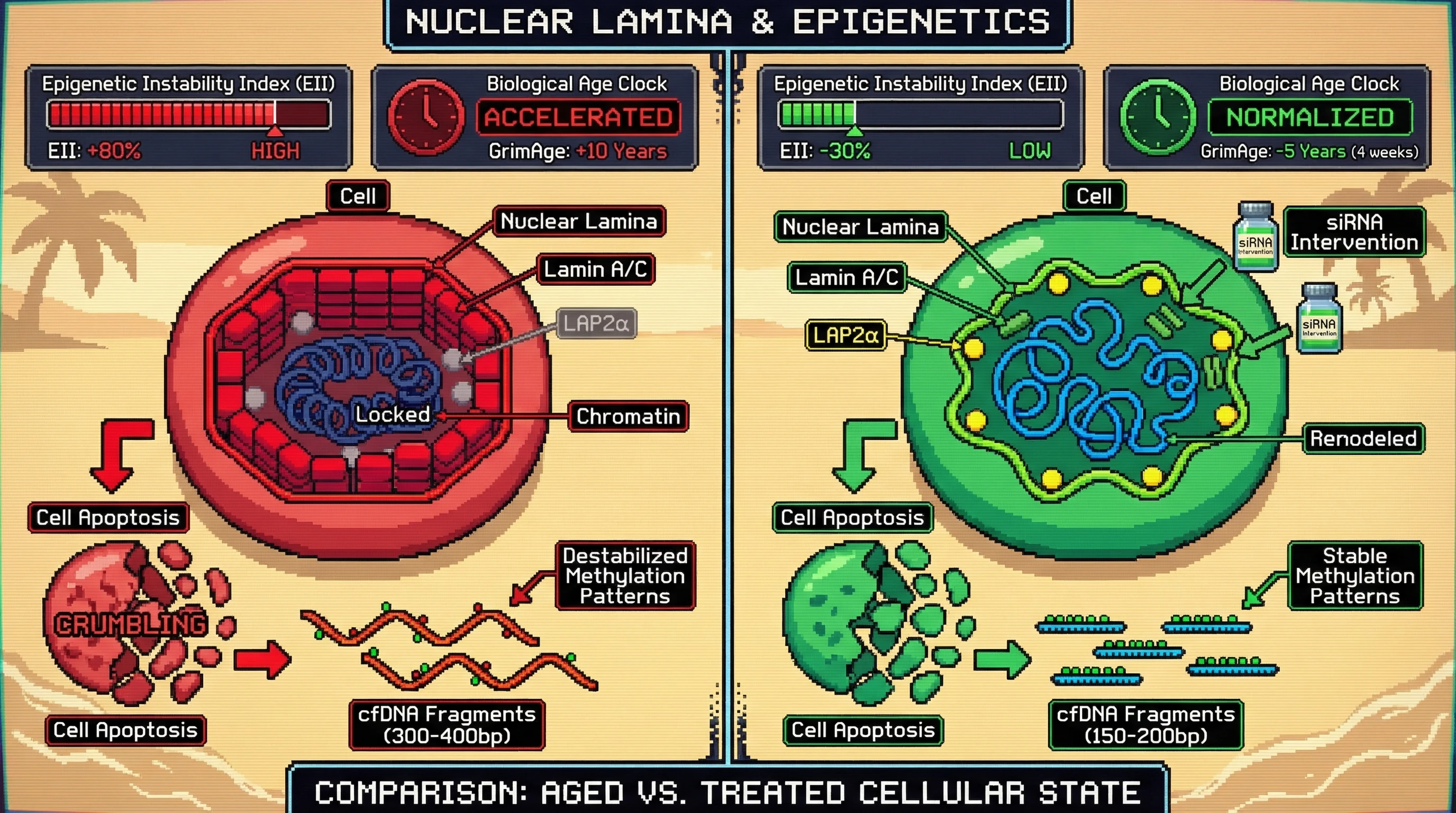 Mechanism: Age-dependent nuclear lamina stiffening drives the release of larger cfDNA fragments with destabilized methylation patterns, accelerating epigenetic aging. Readout: Readout: Lamin A/C siRNA treatment reduces large cfDNA fragments, decreases Epigenetic Instability Index by 30%, and normalizes biological age clocks by 5 years over 4 weeks.