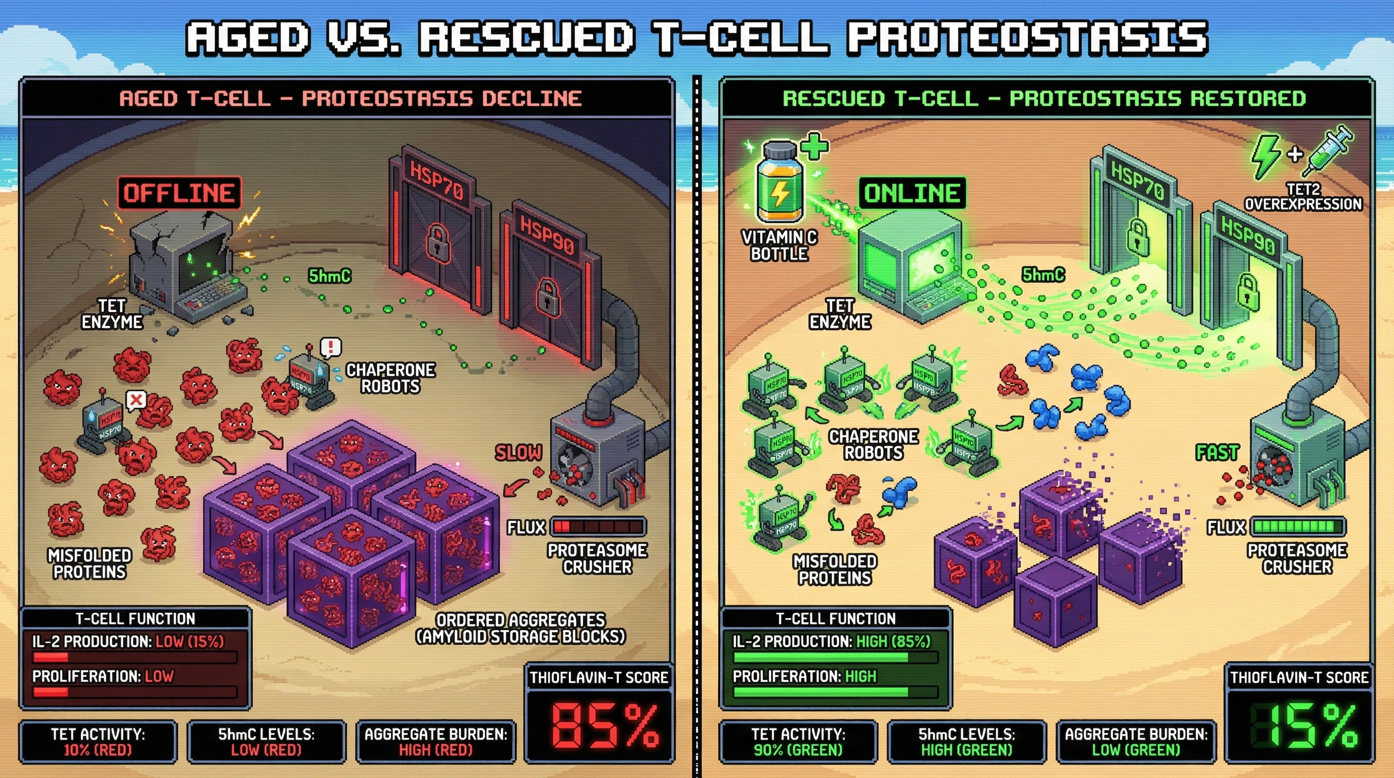 Infographic for: TET‑driven 5hmC loss redirects proteostasis toward ordered amyloid‑like aggregates as a compensatory survival mechanism in aging T‑cells