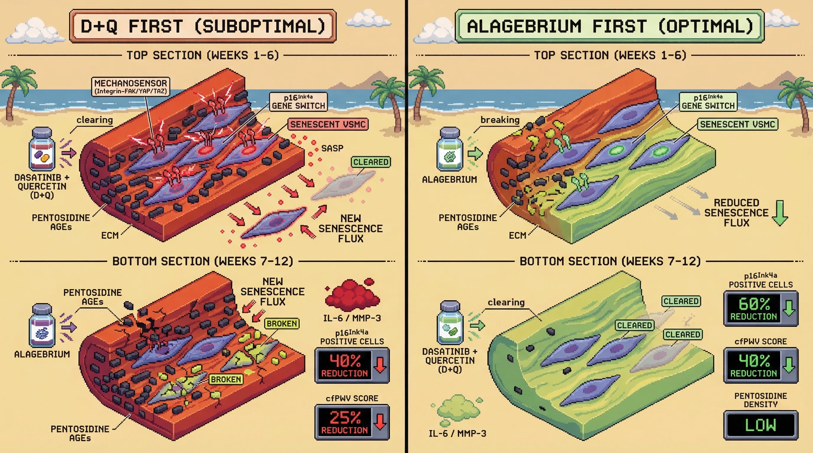 Mechanism: Administering Alagebrium (an AGE crosslink-breaker) before Dasatinib+Quercetin (senolytics) effectively reduces arterial stiffness and prevents the continuous formation of new senescent cells. Readout: Readout: This optimal sequence leads to a greater reduction in p16Ink4a-positive cells, lower inflammation markers, and a more significant improvement in arterial elasticity.