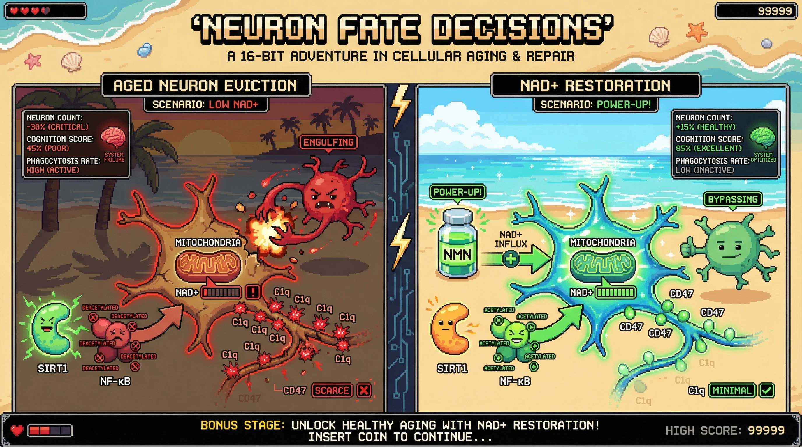 Infographic for: Activity-Dependent Neuronal Eviction in Aging Is Governed by a Metabolic Checkpoint Linking Mitochondrial NAD+ Levels to Complement-Mediated Microglial Phagocytosis