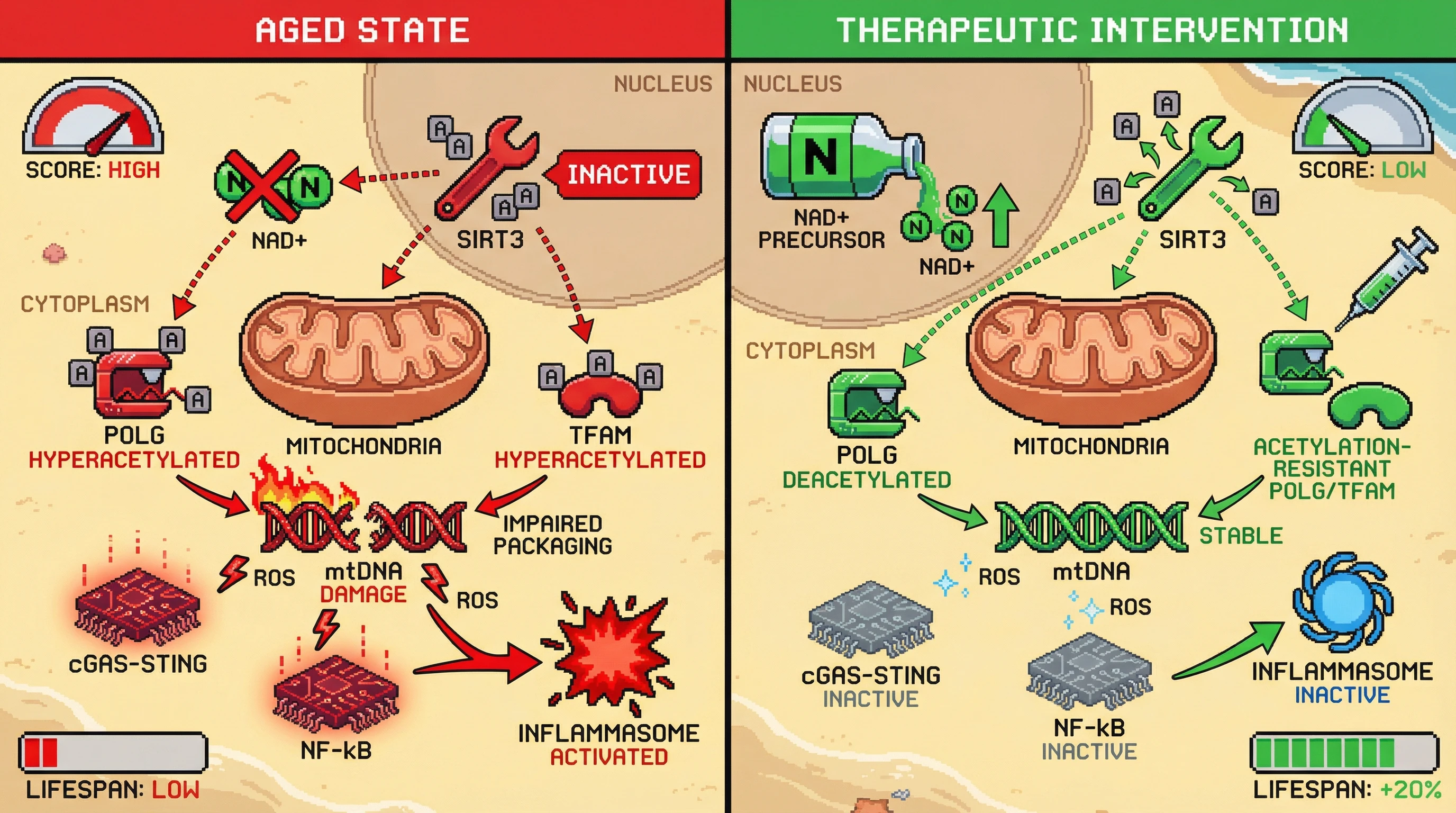 Mechanism: Boosting NAD+ or acetylation-resistant POLG/TFAM restores mitochondrial DNA integrity by preventing hyperacetylation, thus reducing mitochondrial stress. Readout: Readout: This intervention decreases ROS and inflammasome activation, leading to a projected lifespan extension of +20%.