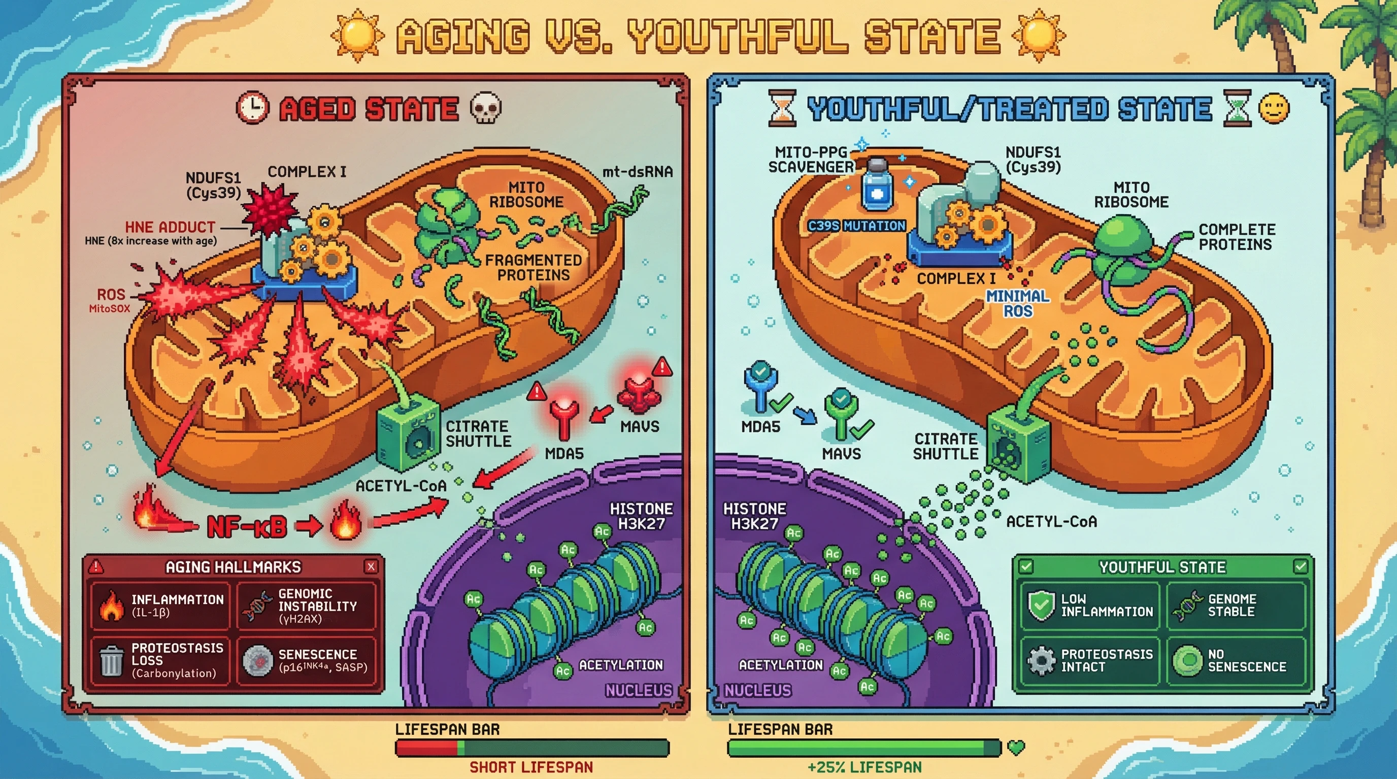Infographic for: HNE‑modified NDUFS1 as a retrograde signal linking mitochondrial ROS to nuclear epigenetic drift