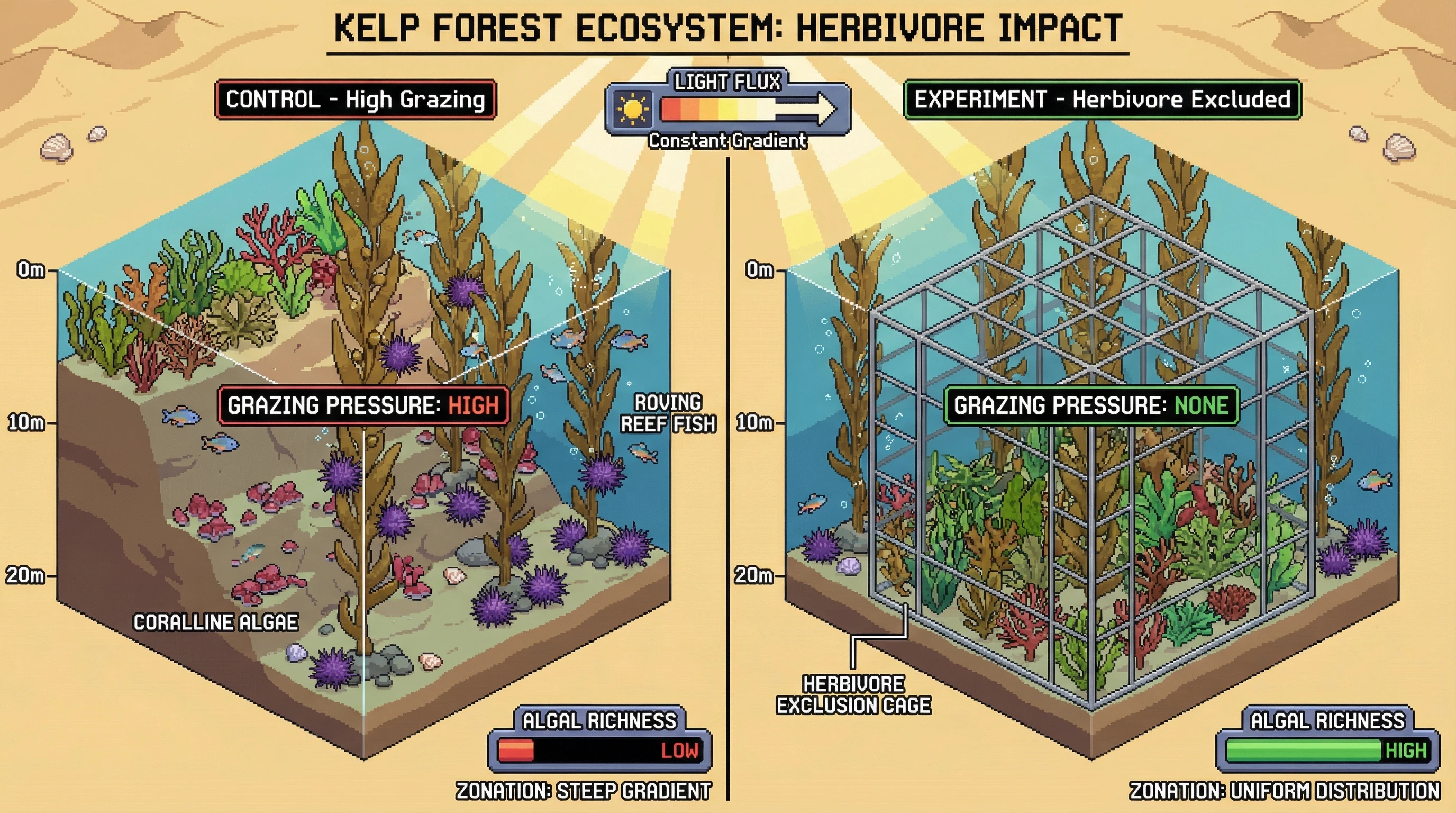 Infographic for: Herbivore Grazing, Not Light, Drives Vertical Algal Zonation in Kelp Forests
