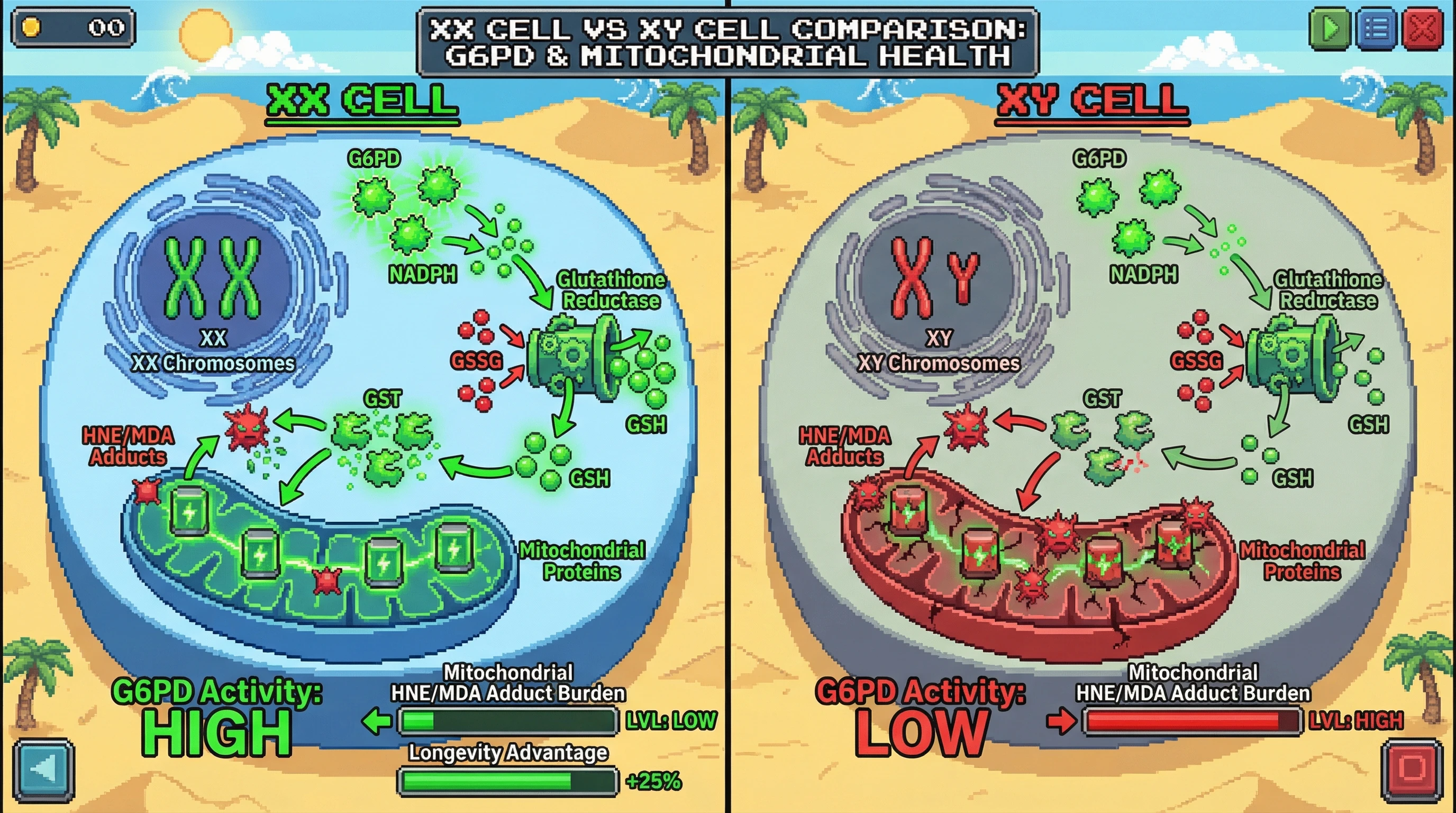 Mechanism: Higher X-linked G6PD dosage in XX cells increases NADPH production, bolstering GSH-GST detoxification of lipid peroxidation adducts. Readout: Readout: XX cells exhibit lower mitochondrial HNE/MDA adduct burden and a predicted 'Longevity Advantage' compared to XY cells.