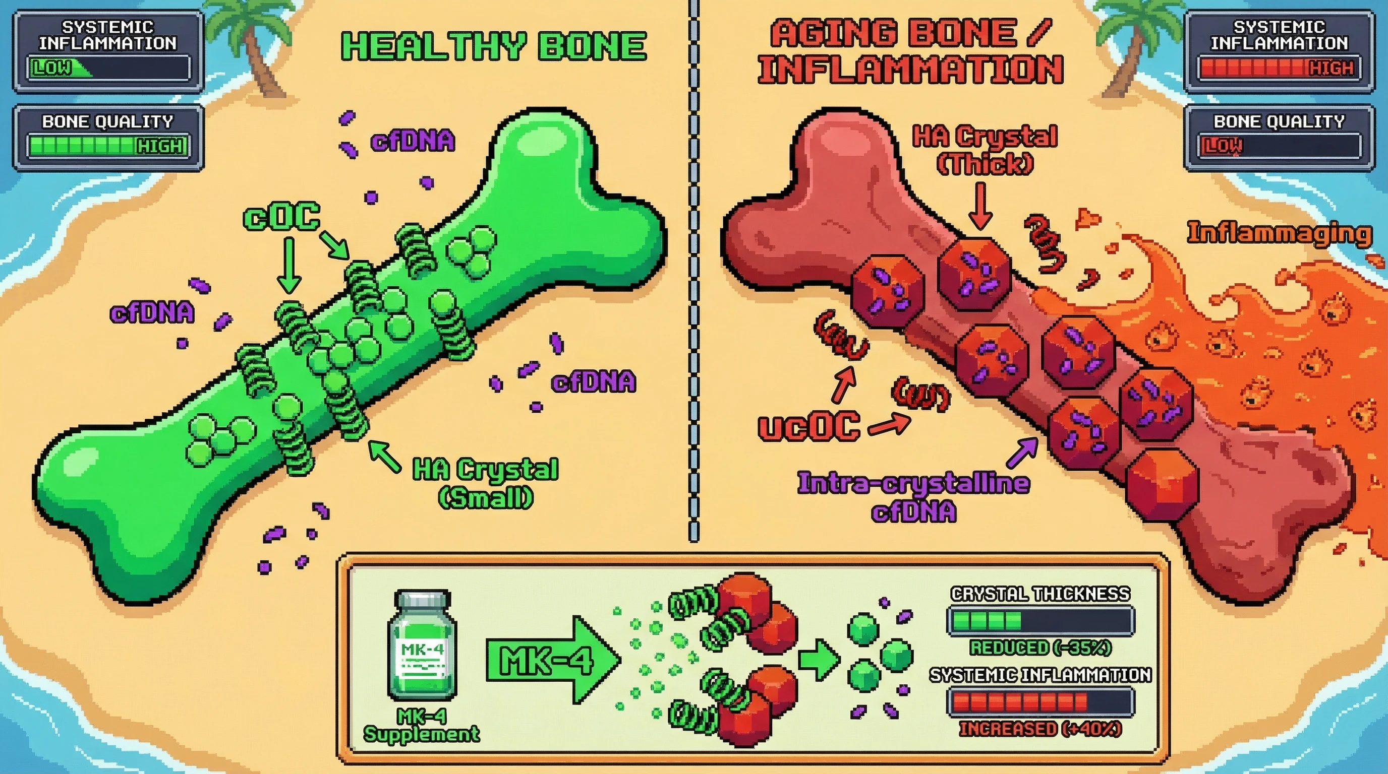 Mechanism: In aging, undercarboxylated osteocalcin (ucOC) allows hydroxyapatite (HA) crystals to hyper-mature and thicken, entrapping pro-inflammatory cell-free DNA (cfDNA). Readout: Readout: MK-4 supplementation reduces HA crystal thickness but increases systemic inflammatory markers as cfDNA is released.