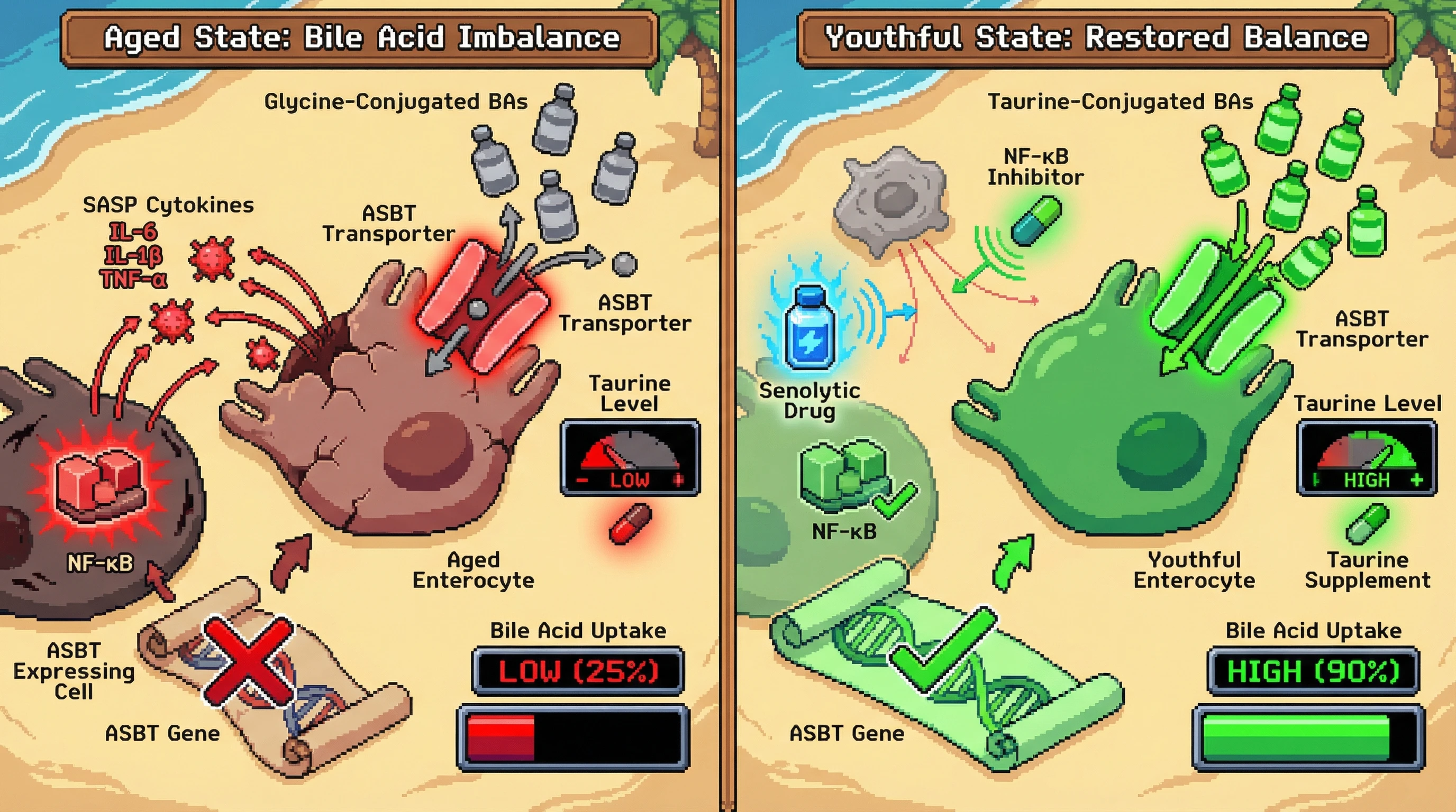 Infographic for: Hypothesis: Senescence‑Associated Secretory Phenotype and Taurine Deficiency Synergistically Downregulate Ileal ASBT, Disrupting Bile Acid Homeostasis in Aging