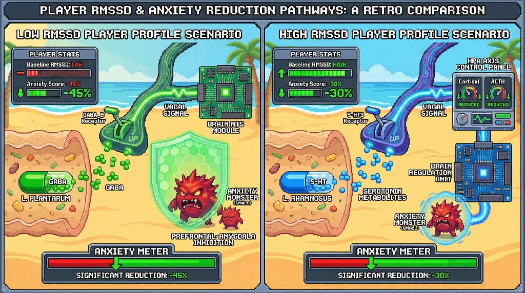 Infographic for: Baseline HRV Predicts Strain‑Specific Anxiolytic Effects of Lactobacillus via Vagal Afferent GABAergic vs HPA Modulatory Pathways