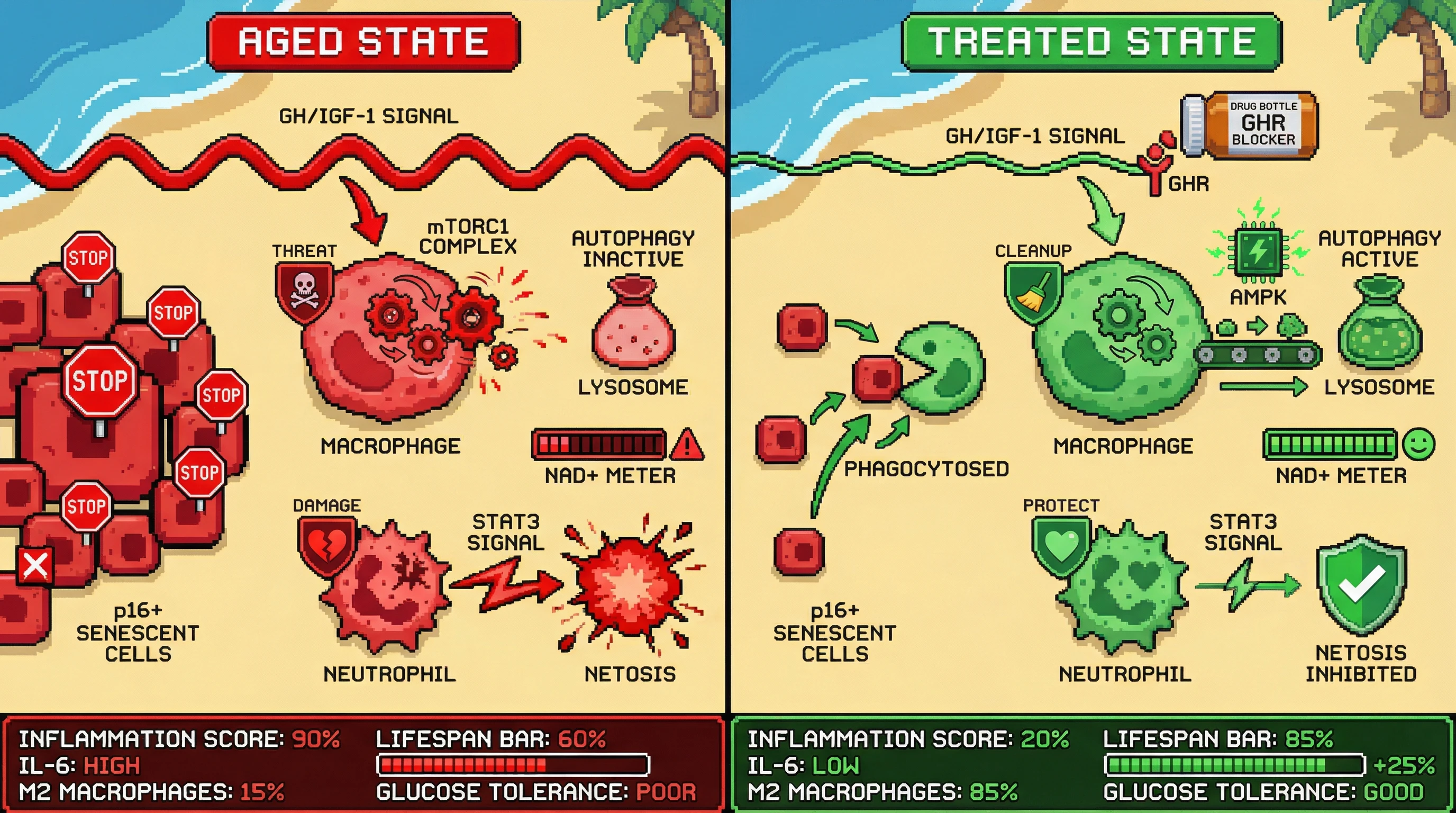 Infographic for: Partial GH/IGF-1 attenuation reprograms immune cells to clear senescent cells and dampen inflammaging