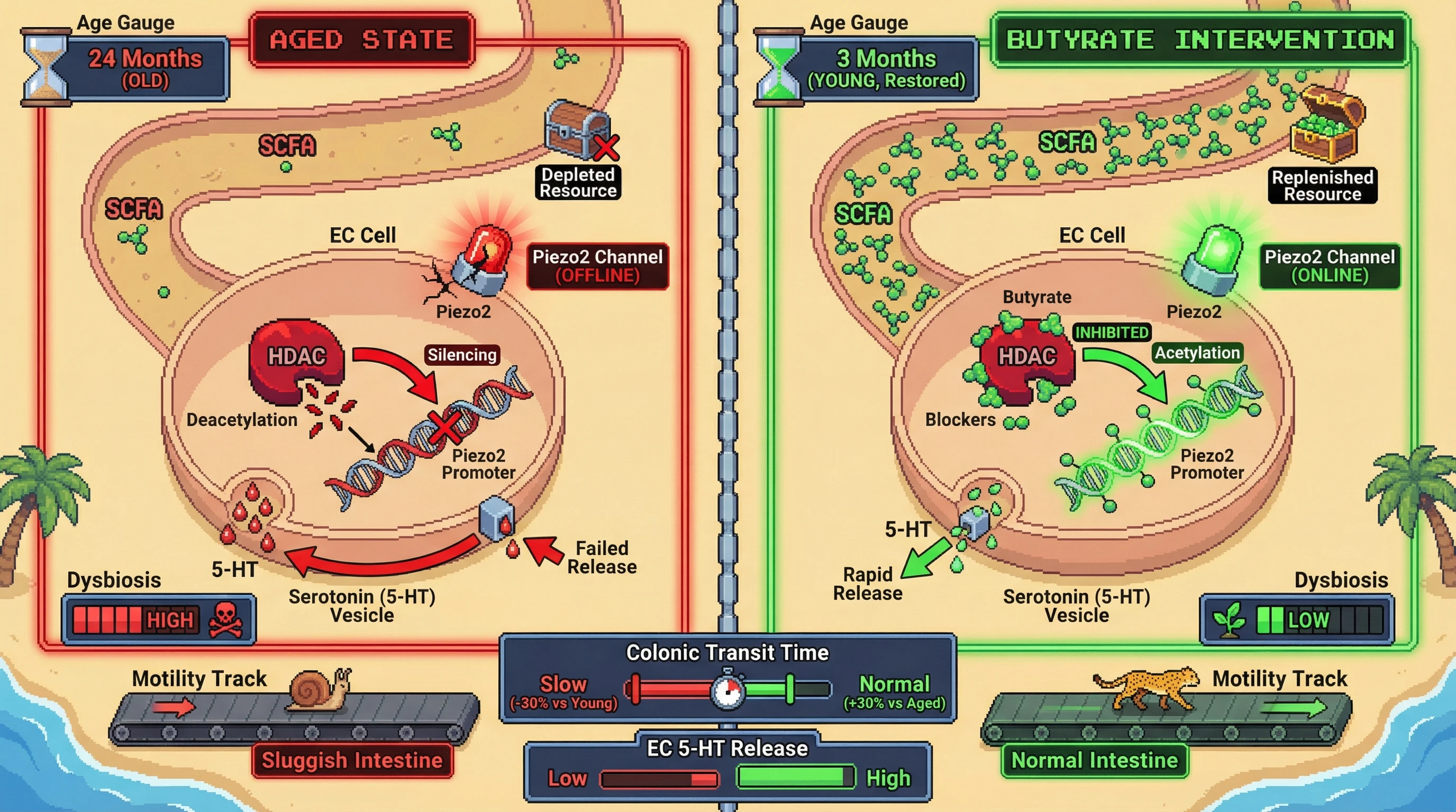 Infographic for: Age‑Related Decline in EC Cell Piezo2 Function Is Driven by SCFA‑Dependent Epigenetic Silencing, Creating a Feed‑Forward Loop of Gut Dysmotility and Dysbiosis