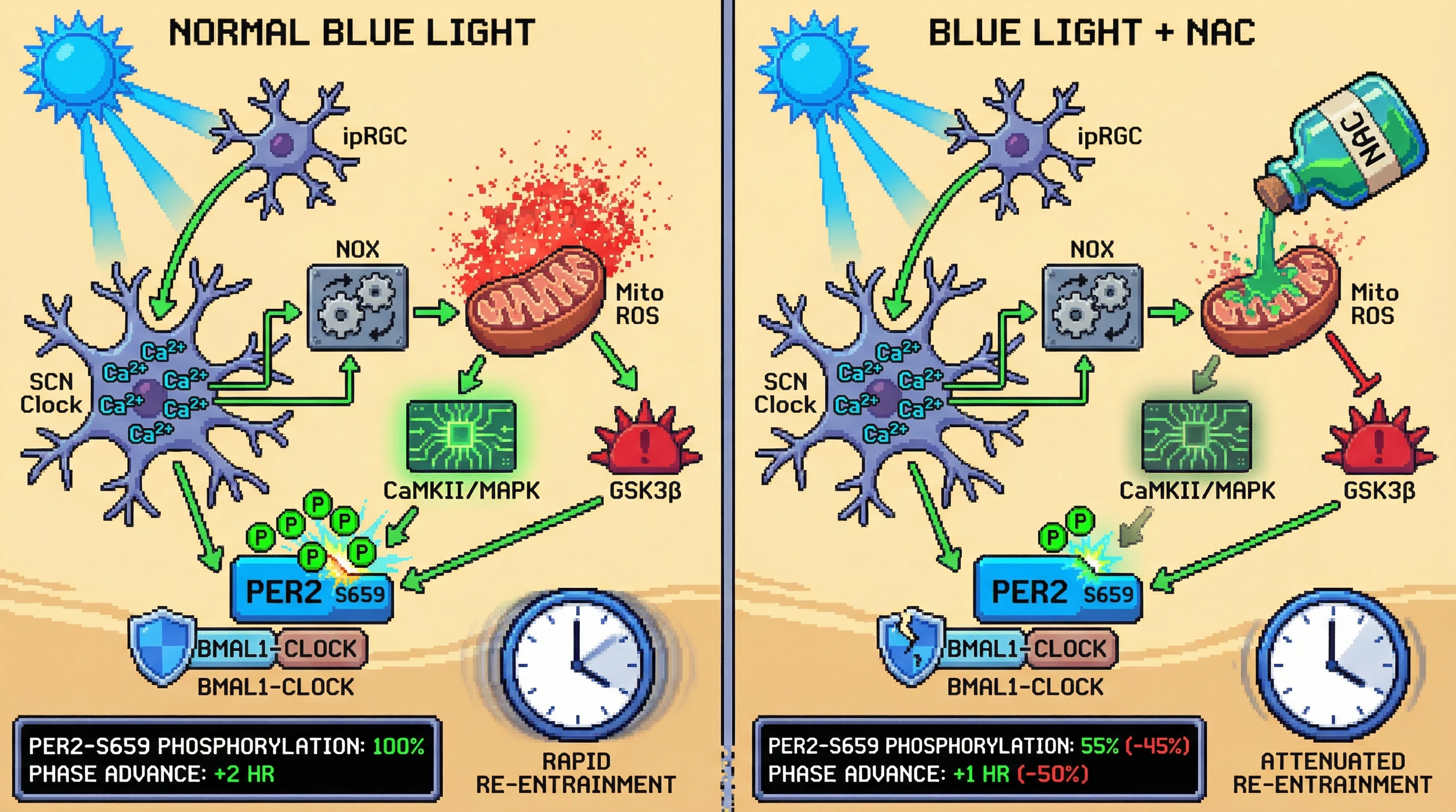 Infographic for: Morning blue light amplifies mitochondrial ROS signaling to accelerate PER2 phosphorylation and circadian re‑entrainment