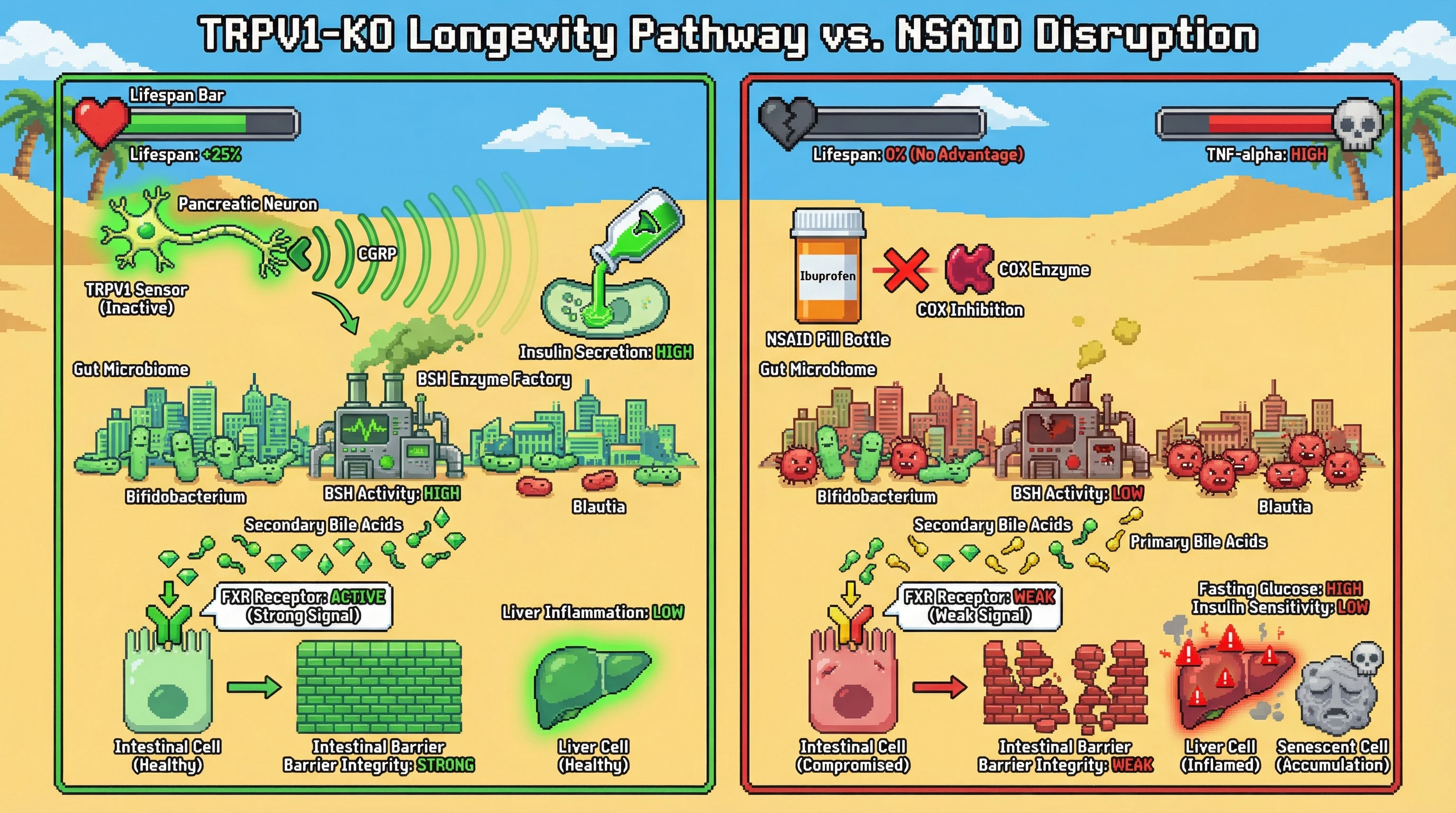 Mechanism: Chronic NSAID use disrupts the gut microbiome, reducing BSH activity and secondary bile acid production, which weakens FXR signaling and negates TRPV1-mediated longevity. Readout: Readout: NSAID-treated TRPV1-KO mice show no lifespan advantage, increased fasting glucose, and elevated hepatic inflammation markers like TNF-alpha.