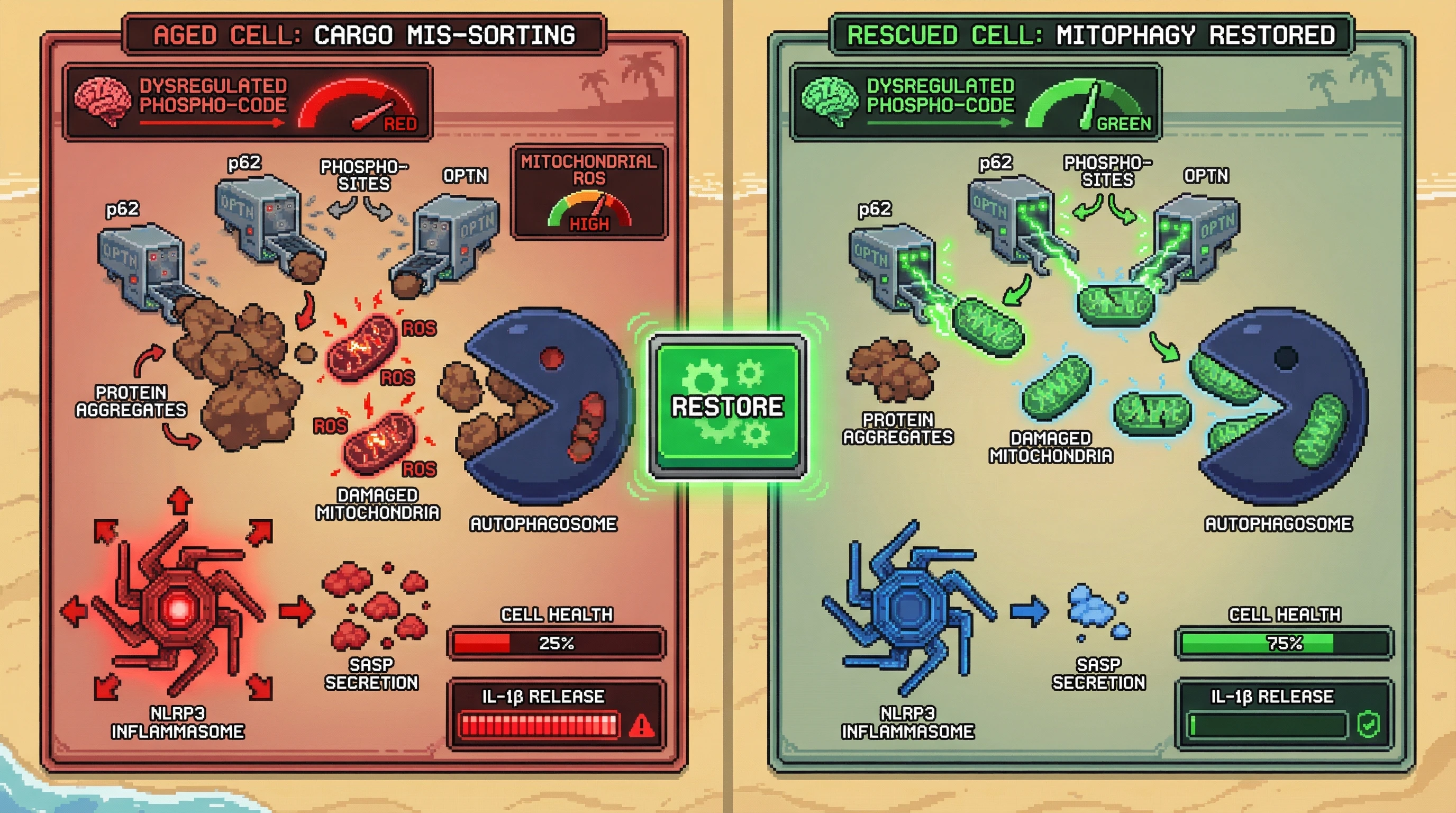 Infographic for: A Phospho-Code on Selective Autophagy Receptors Dictates Cargo Hierarchy and Its Age‑Dependent Erosion Fuels Inflammaging