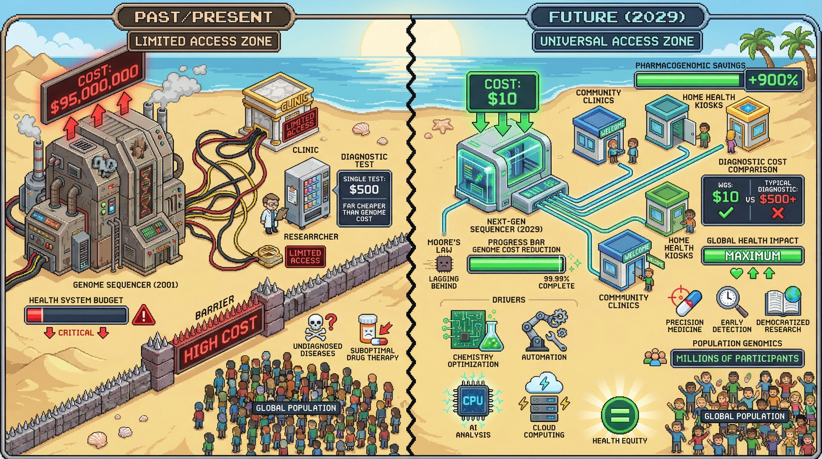 Infographic for: The $10 Genome Reaches Global Healthcare by 2029—Precision Medicine Becomes Universal