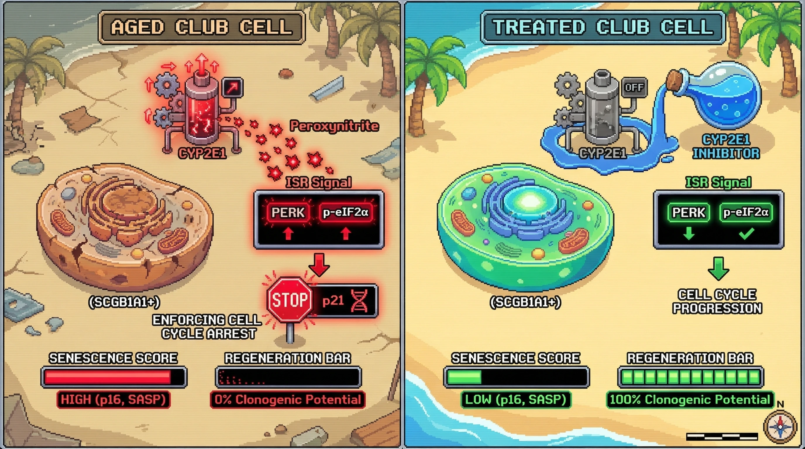 Infographic for: Hypothesis: Age‑Dependent CYP2E1‑Driven Nitrosative Stress Triggers Club Cell Senescence via ISR‑Mediated p21 Activation