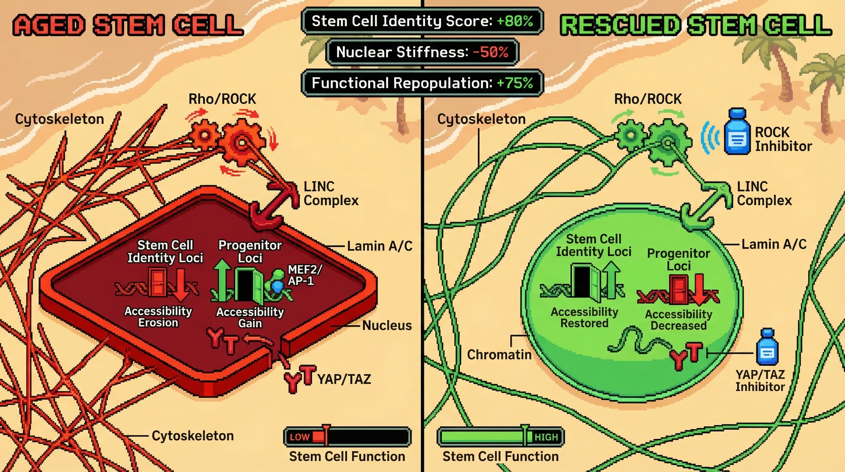 Mechanism: High cytoskeletal tension in aged stem cells, transmitted via the LINC complex, stiffens the nucleus and alters chromatin accessibility, leading to loss of stem cell identity. Readout: Readout: Reducing tension or inhibiting YAP/TAZ restores stem cell identity loci accessibility, decreases nuclear stiffness, and significantly improves functional repopulation assays.