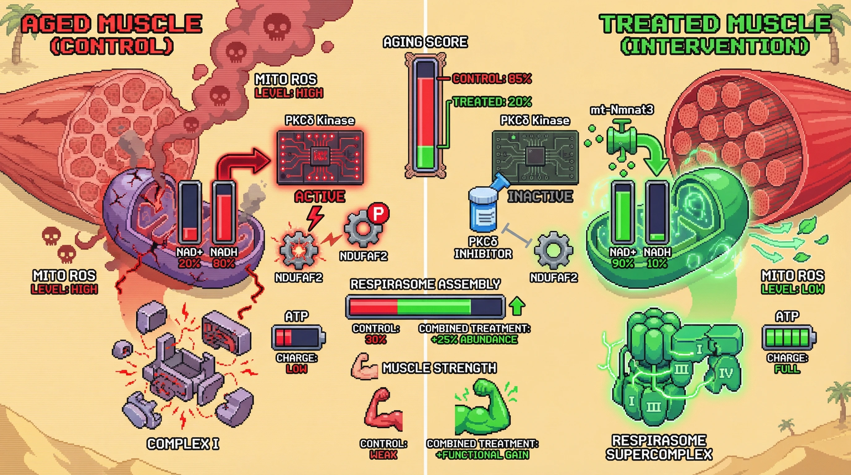 Infographic for: Compartment‑Specific NAD+ Augmentation Coupled to NDUFAF2 Phosphorylation Drives Respirasome Assembly and Mitigates Reductive Stress in Aging Muscle