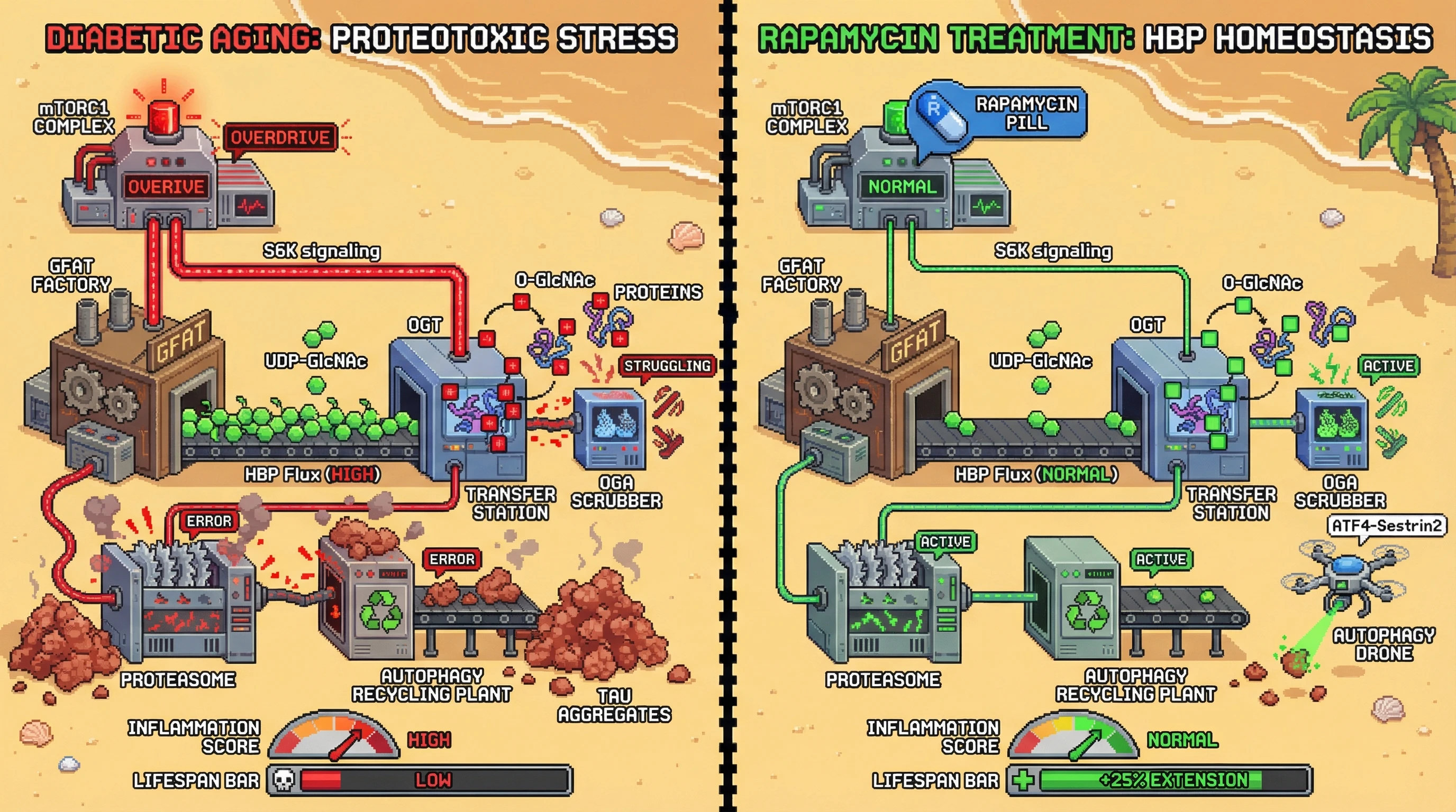 Infographic for: Rapamycin normalizes HBP flux and O-GlcNAc cycling to mitigate diabetic-age-related proteotoxicity