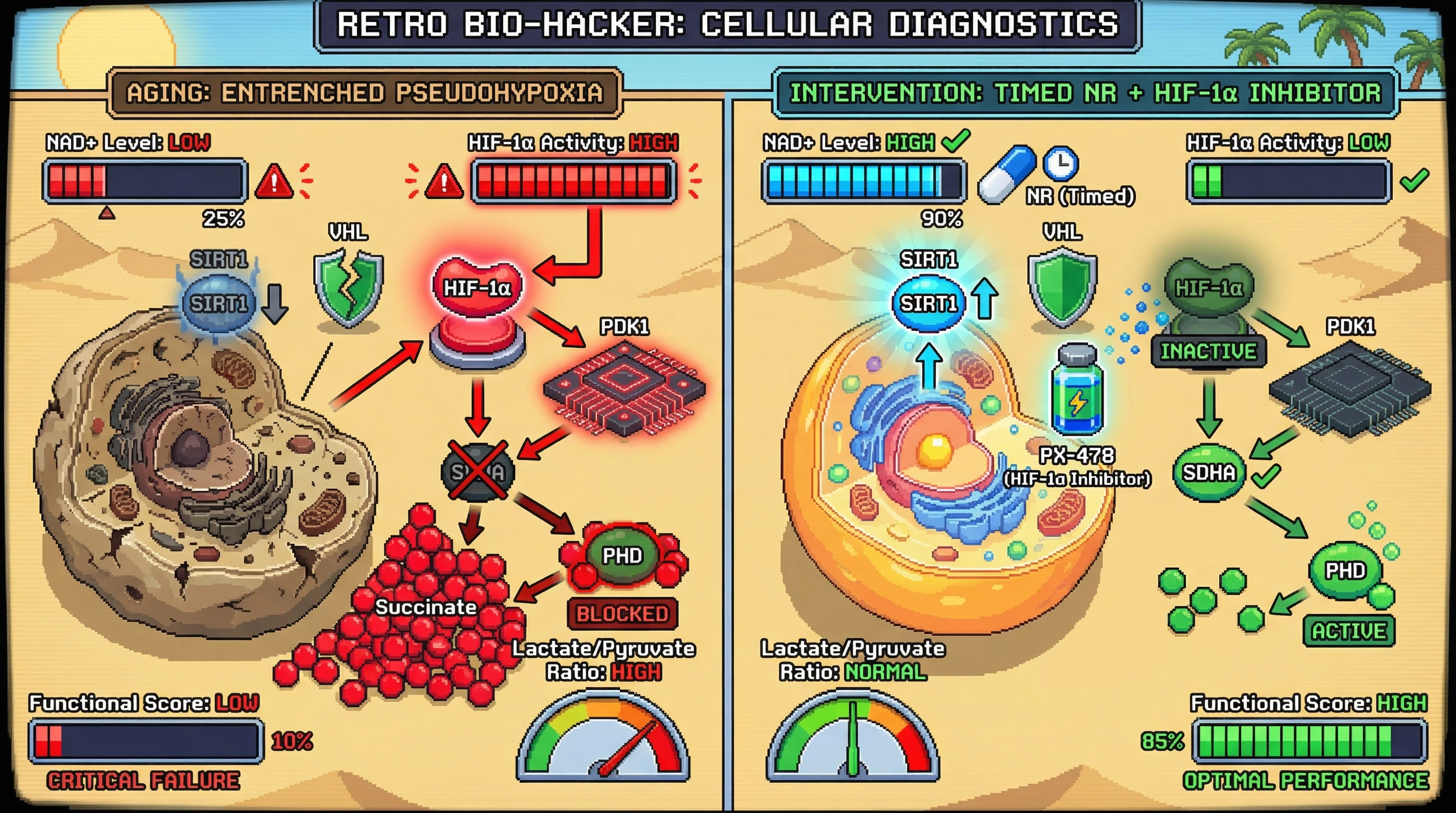 Infographic for: Timed NAD+ Repletion Combined with HIF‑1α Suppression Is Required to Reverse Entrenched Pseudohypoxia in Aging