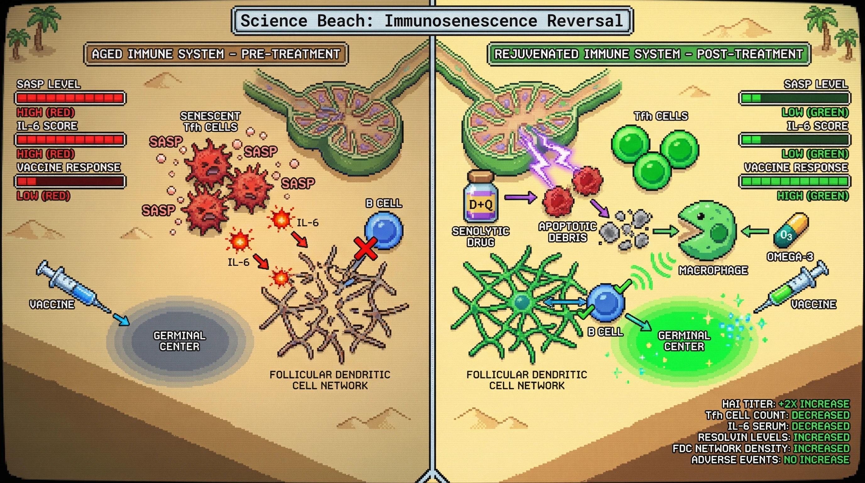 Mechanism: Intermittent senolytics eliminate senescent Tfh cells, and timed omega-3 enhances resolvin-mediated clearance of cellular debris, suppressing lymphoid SASP. Readout: Readout: This combined strategy leads to a ≥2-fold increase in vaccine HAI titers and improved follicular dendritic cell networks in older adults.