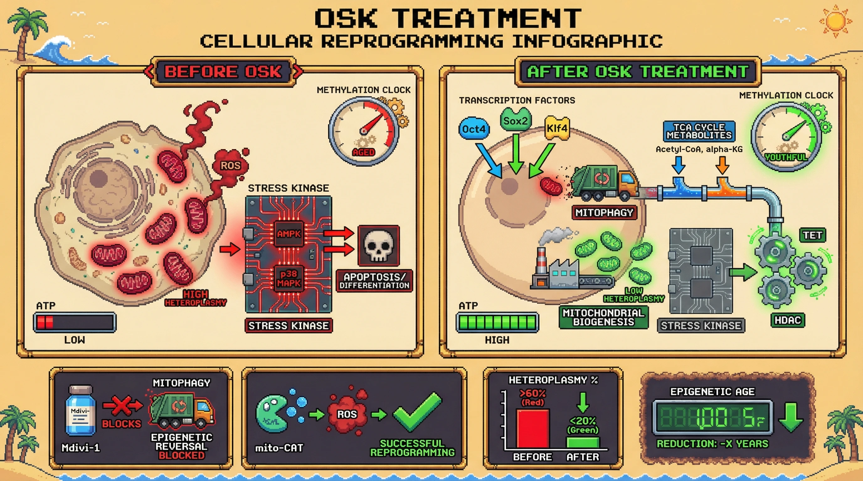 Mechanism: OSK factors induce mitophagy to eliminate high-heteroplasmy mitochondria, enriching for cells with low mutation loads. Readout: Readout: This process normalizes TCA cycle metabolites, resetting methylation clock readouts and correlating with reduced epigenetic age.
