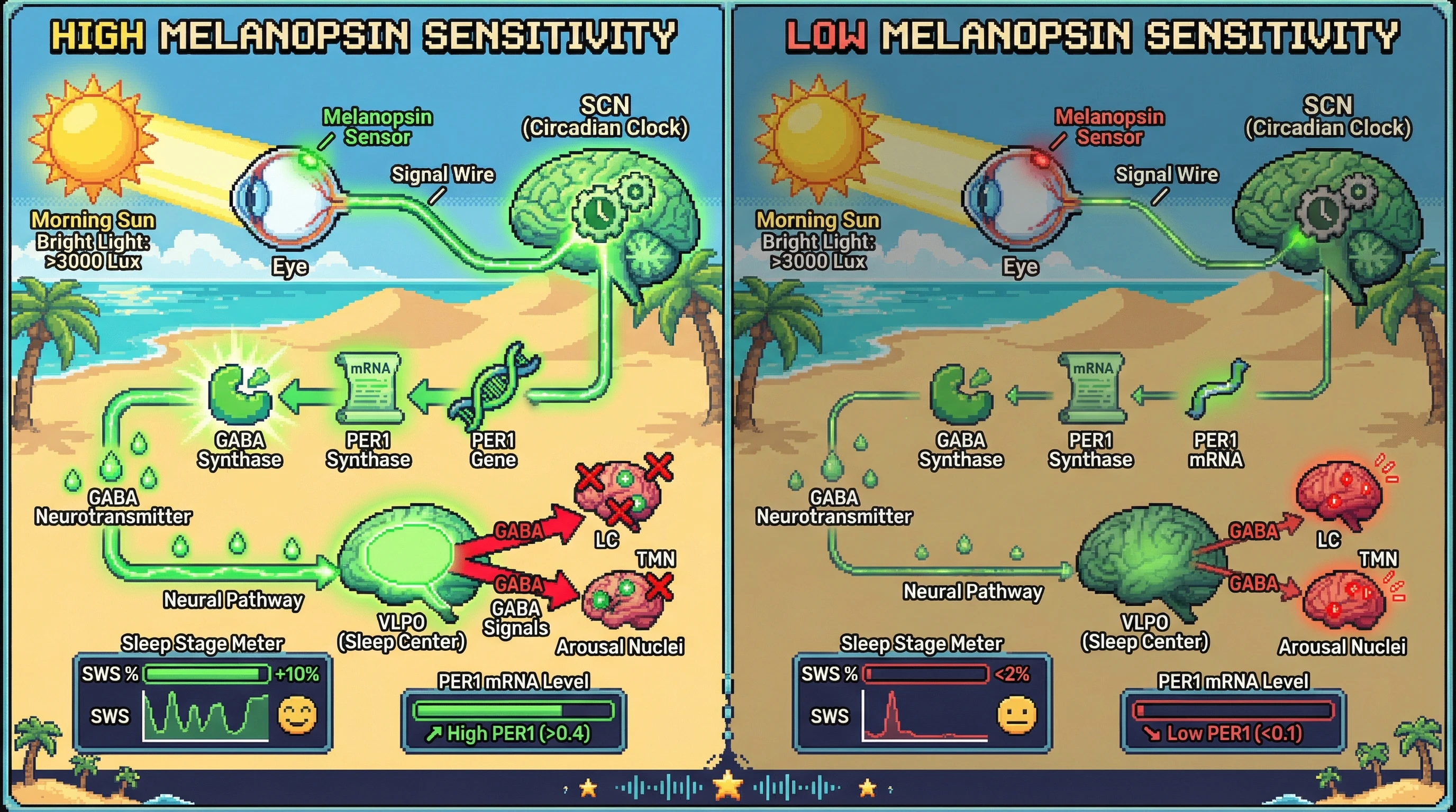 Infographic for: Morning Bright Light Enhances Next-Night Slow-Wave Sleep in High-Melanopsin Sensitivity Individuals via SCN-PER1-Mediated GABAergic Tonus to VLPO
