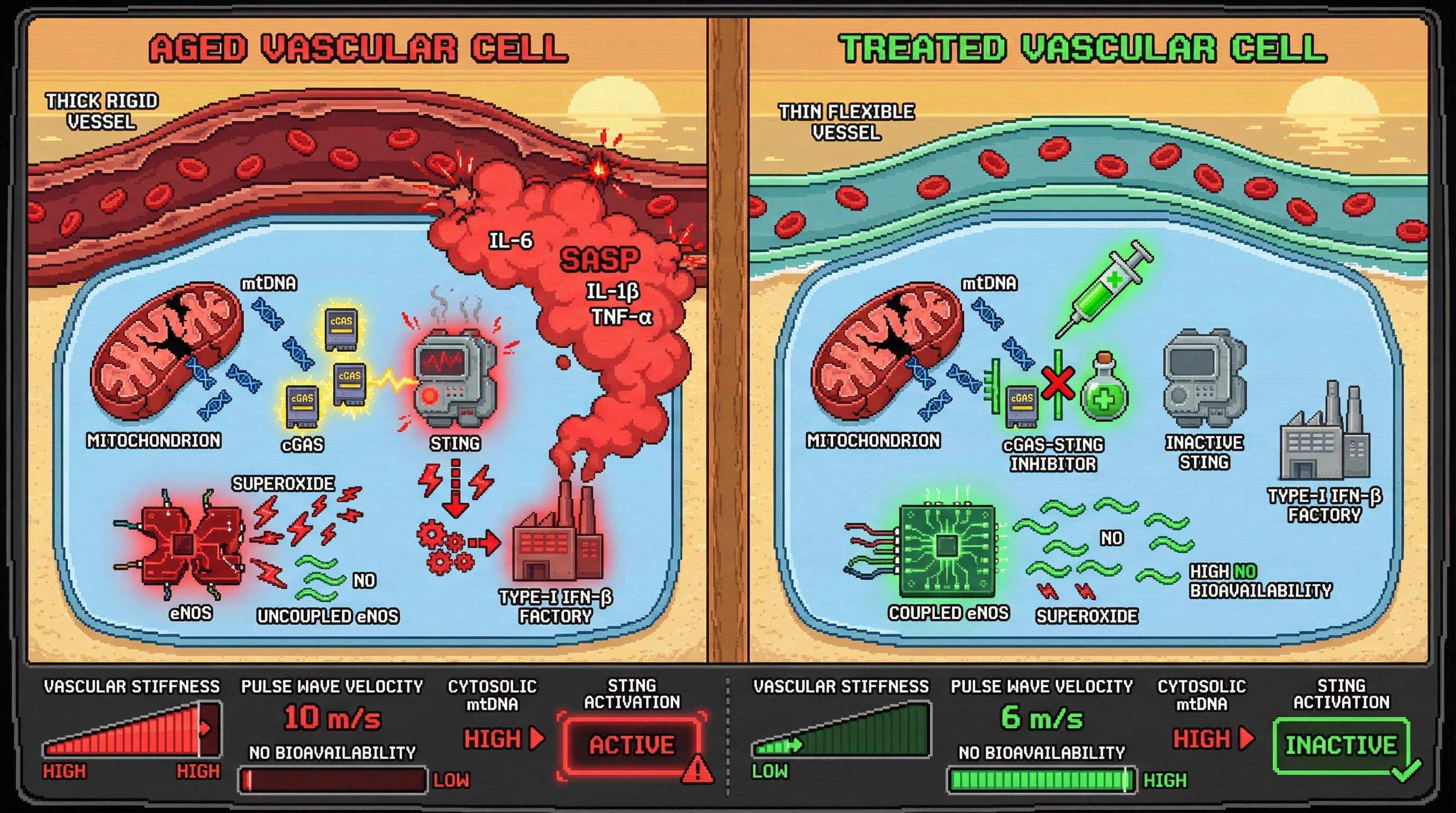 Mechanism: Cytosolic mitochondrial DNA activates cGAS-STING, driving endothelial senescence and NO deficiency, leading to arterial stiffening. Readout: Readout: cGAS-STING inhibition restores NO bioavailability and reduces arterial pulse wave velocity without altering mtDNA levels.