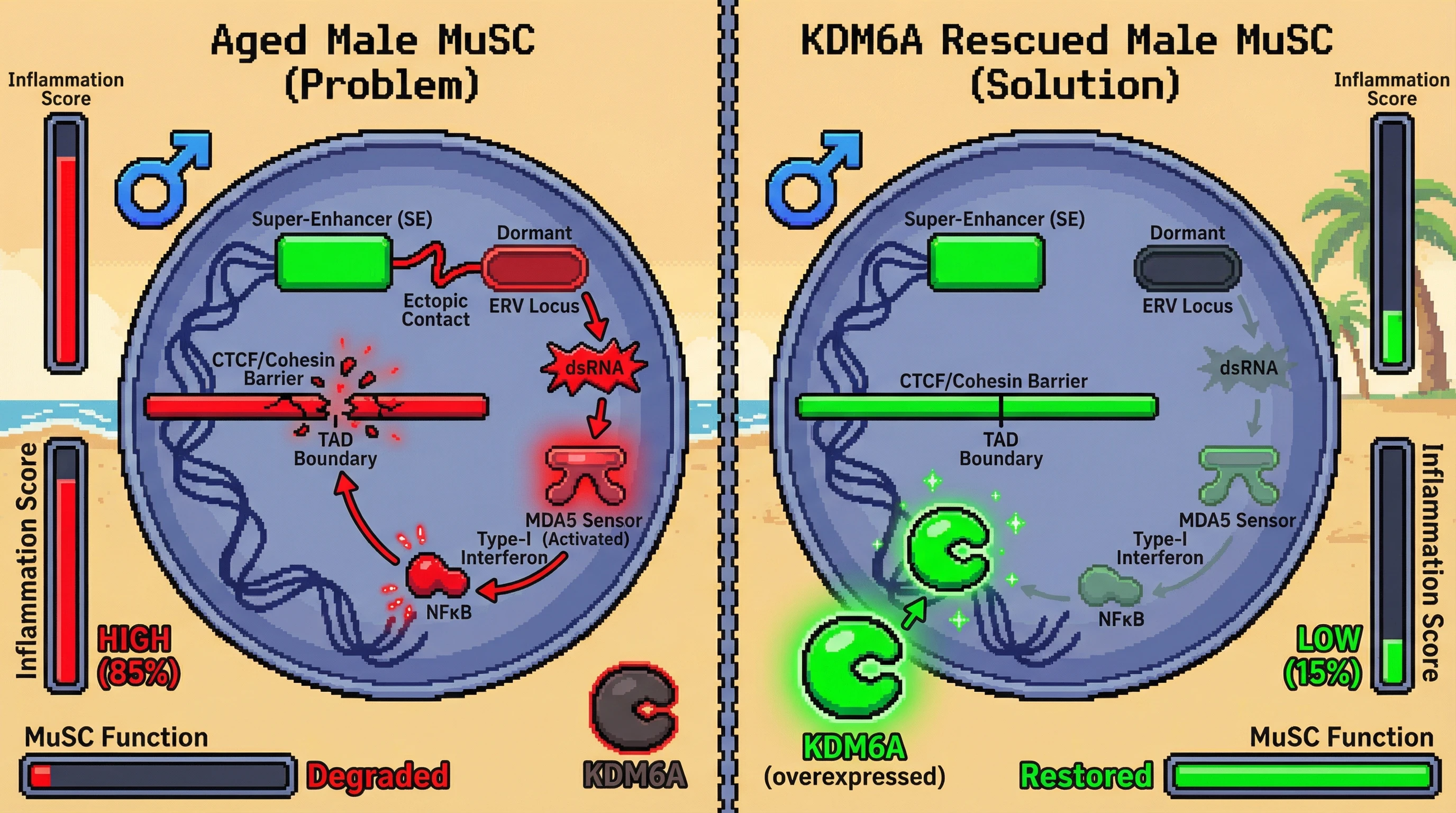 Mechanism: Aged male muscle stem cells lose CTCF insulation, causing super-enhancers to activate retroviruses, which drives inflammation and further boundary loss. Readout: Readout: Overexpressing KDM6A in aged male cells restores boundary integrity, reduces inflammation, and improves stem cell function.