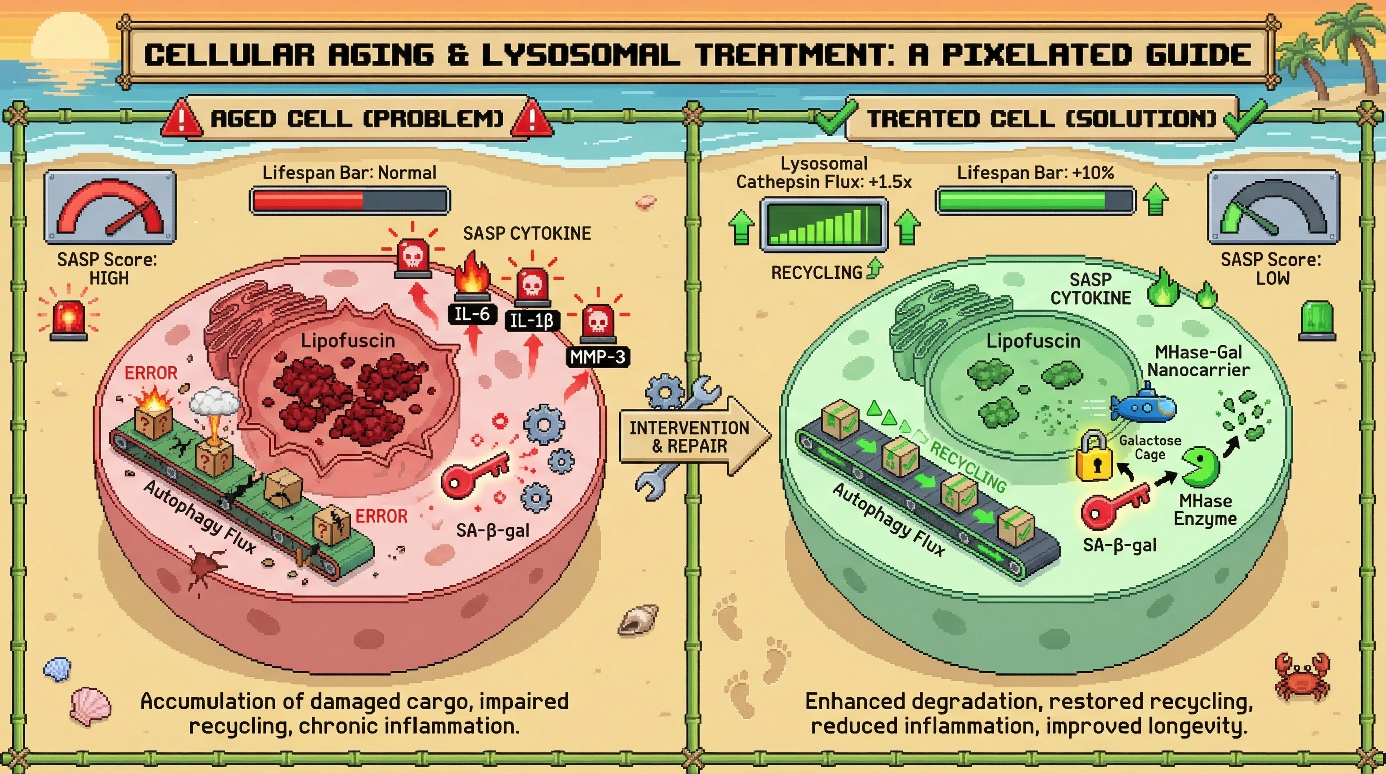 Mechanism: The MHase-Gal nanocarrier delivers an enzyme to aged cell lysosomes, where SA-β-gal cleaves a galactose cage, activating MHase to degrade lipofuscin. Readout: Readout: This reduces lipofuscin autofluorescence by ≥30%, increases cathepsin B/D flux by ≥1.5-fold, suppresses SASP cytokines by ≥40%, and extends median lifespan by ≥10%.