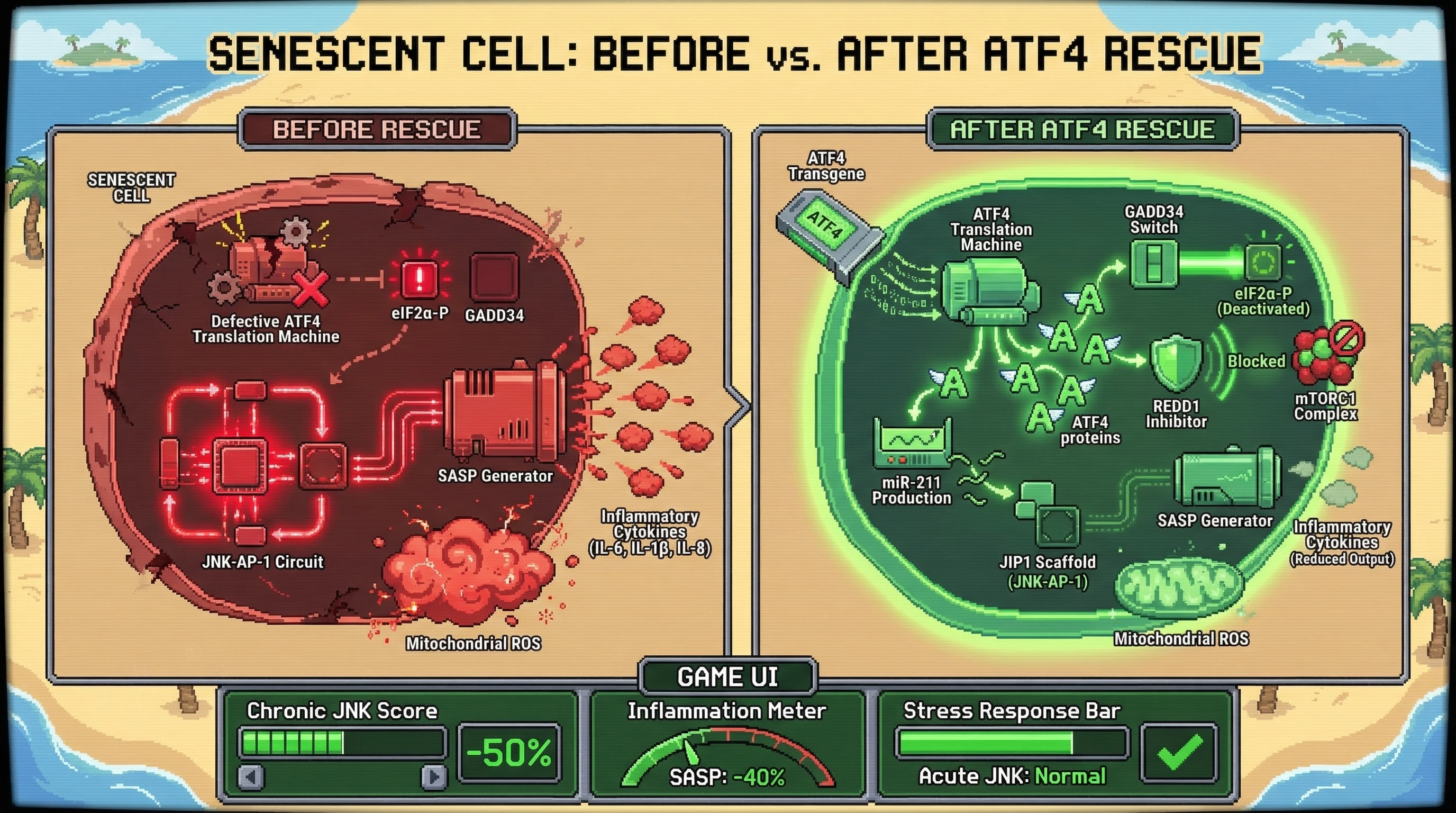 Mechanism: Restoring ATF4 in senescent cells reactivates the ISR feedback loop, leading to GADD34 synthesis, mTORC1 inhibition via REDD1, and JNK suppression by miR-211. Readout: Readout: Chronic JNK activity drops by 50%, SASP cytokine levels decline by 40%, and acute stress-induced JNK responses remain normal.