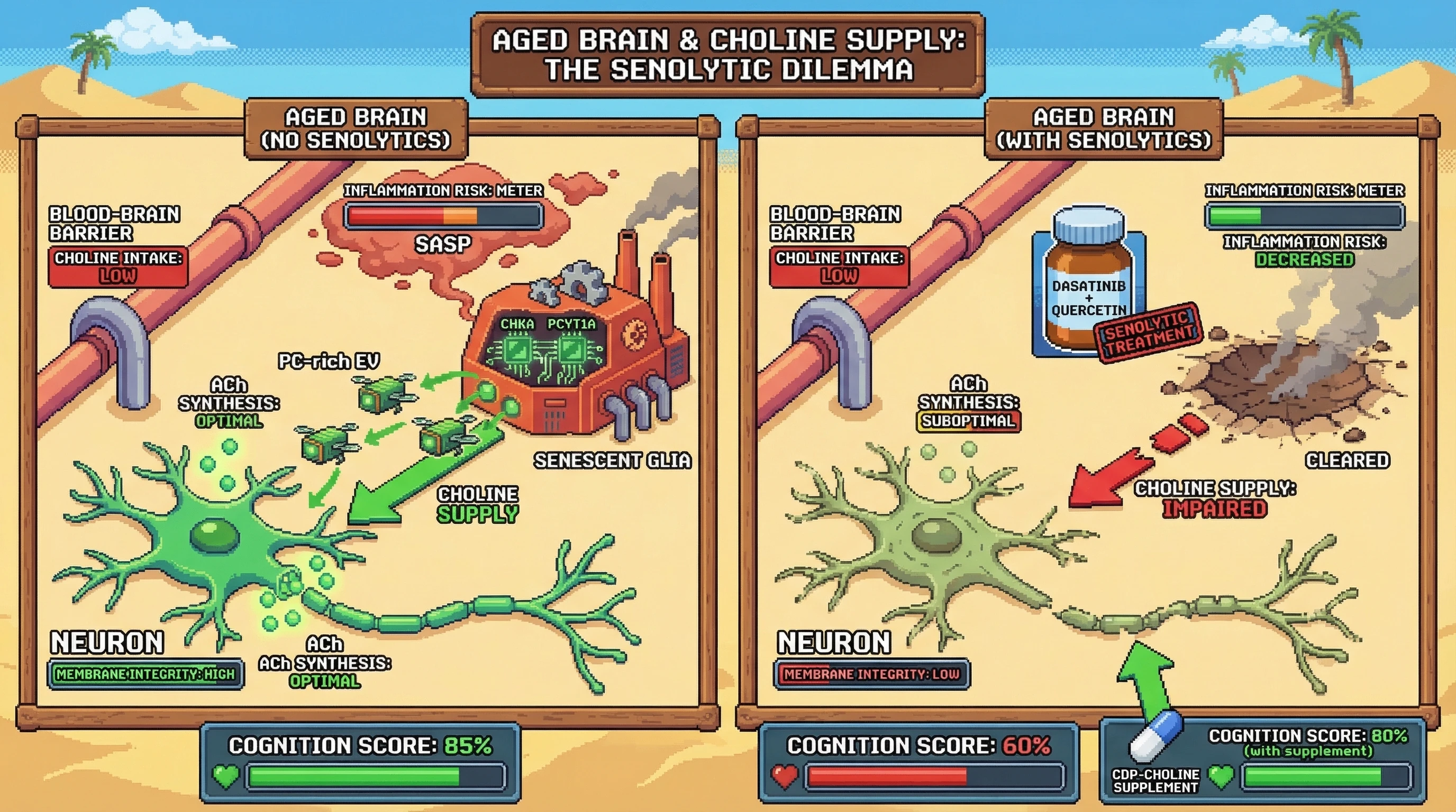 Infographic for: Senescent glia sustain neuronal choline homeostasis via SASP‑mediated phospholipid release—a metabolic chaperone role that senolytics may inadvertently impair